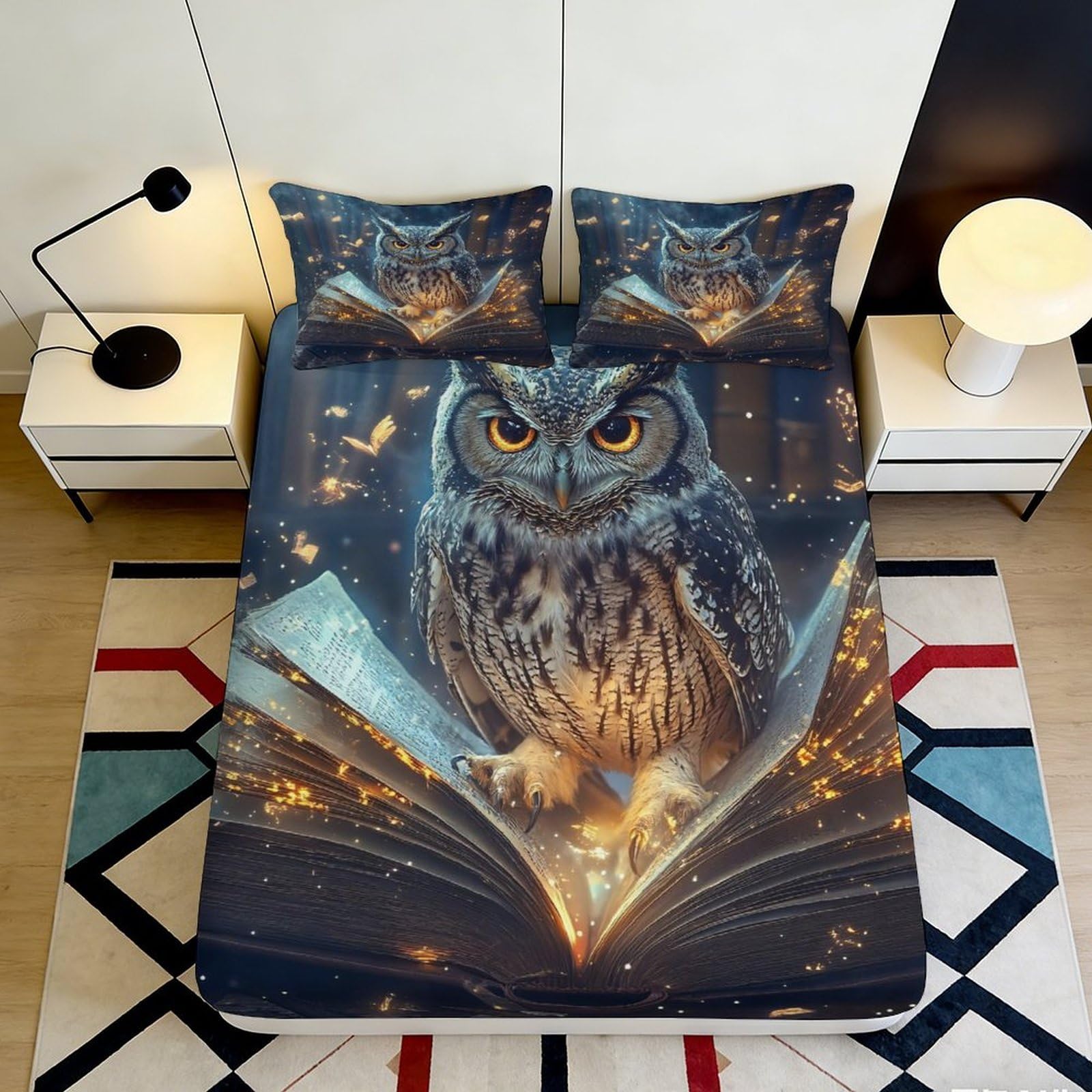 3D Printed Magical Owl Fitted Sheet Microfiber Soft Breathable Book Theme Mattress Cover for Bedroom Dorm Decor 90x200x25cm