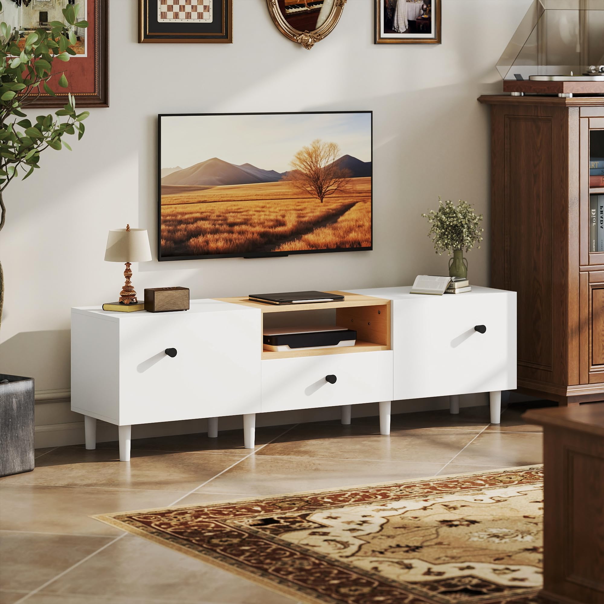 HOMCOM Mobile TV con 2 Ante a Ribalta, Cerniere Soft Close, Cassetto e Ripiano Aperto, Mobile Porta TV Fino a 70", 8 Gambe per Soggiorno o Camera da Letto, 150x35x45 cm, Bianco e Color Legno