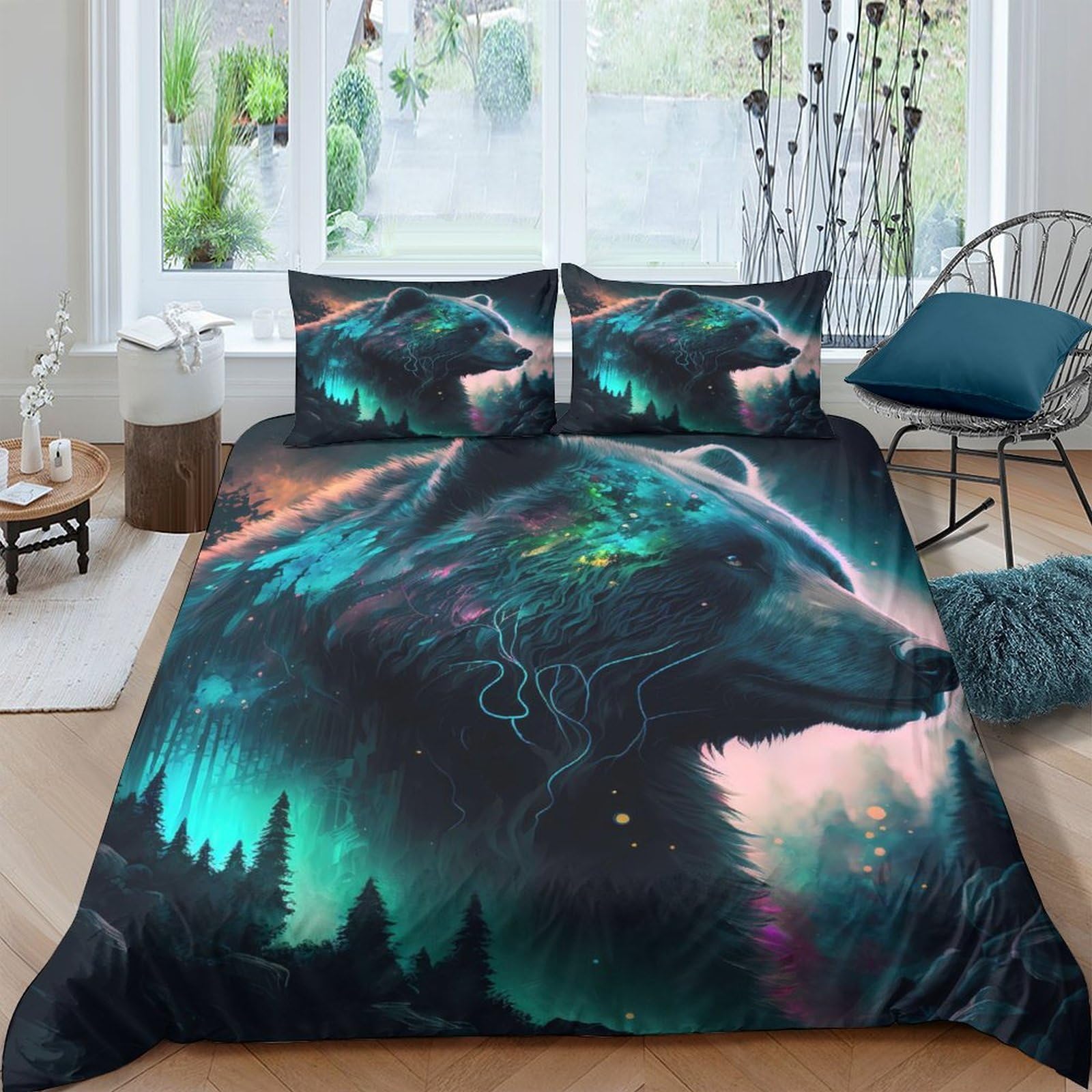 Ctjqhvkz Style-4 3D Printed Aurora Bear Fitted Sheet Microfiber Soft Breathable Nebula Forest Mattress Cover For Bedroom Decor Single（135X200cm）