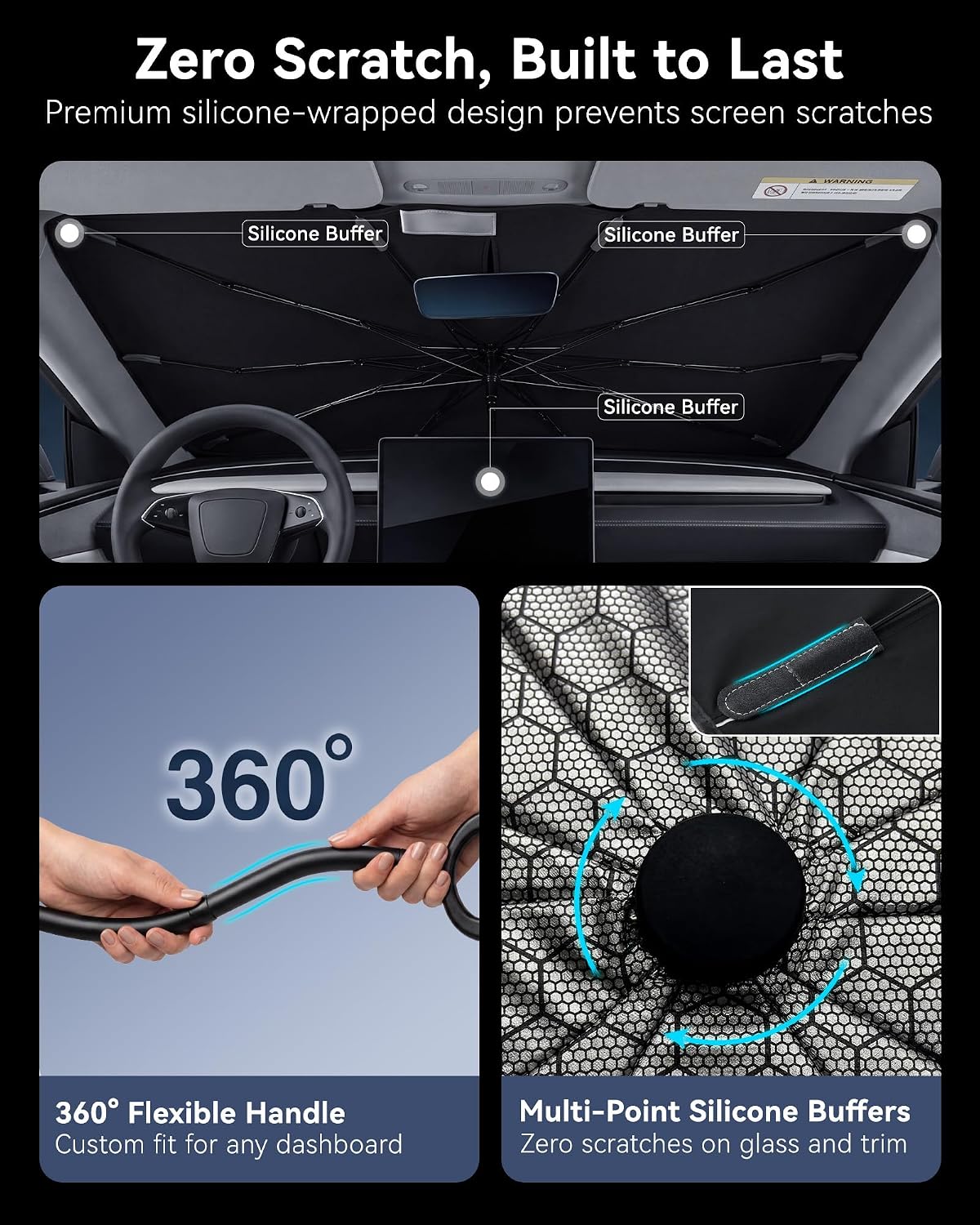 Windshield Sun Shade Umbrella, 3-Layer Graphene 10-Rib Foldable Car Sunshade, 99% UV & Heat Block, Zero-Odor, No-Scratch Silicone, Medium Keeps Interior Cool, Sedan SUV Truck (57.1"x31.9")