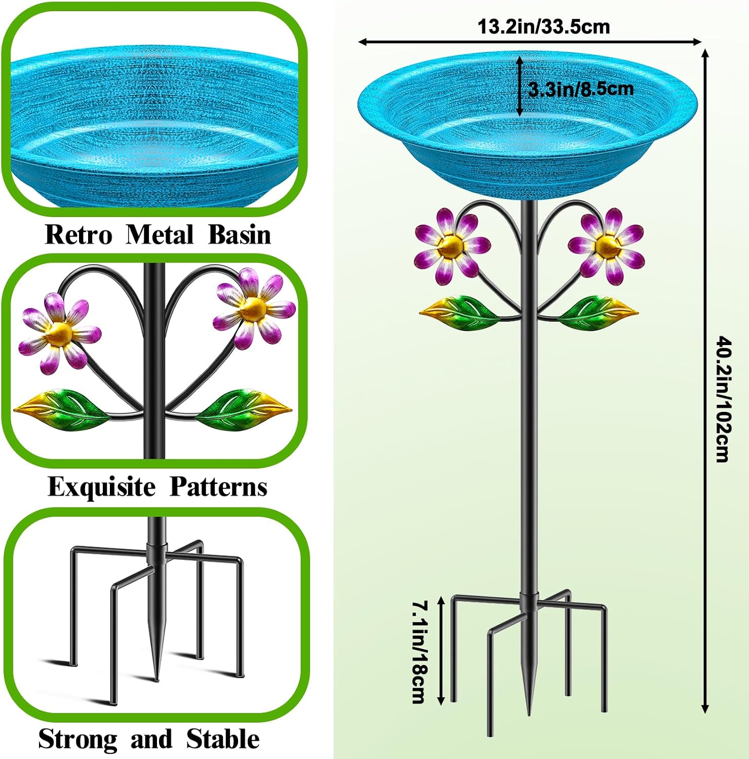 Metal Bird Bath for Outside Garden Birdbath Bowl, Freestanding Bird Feeders for Outdoors with 5 Prongs Base Stake, Standing Birdfeeders Bath Bowl for Yard Decor(Retro Blue)