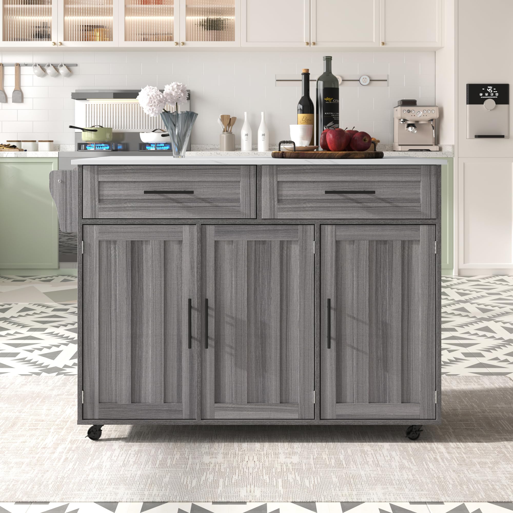 Isola da cucina autoportante con piano di lavoro pieghevole, mobile da cucina su 5 ruote, con ripiano e 2 cassetti, per cucina e sala da pranzo, 129 x 46 (71) x 91,5 cm (grigio - A)