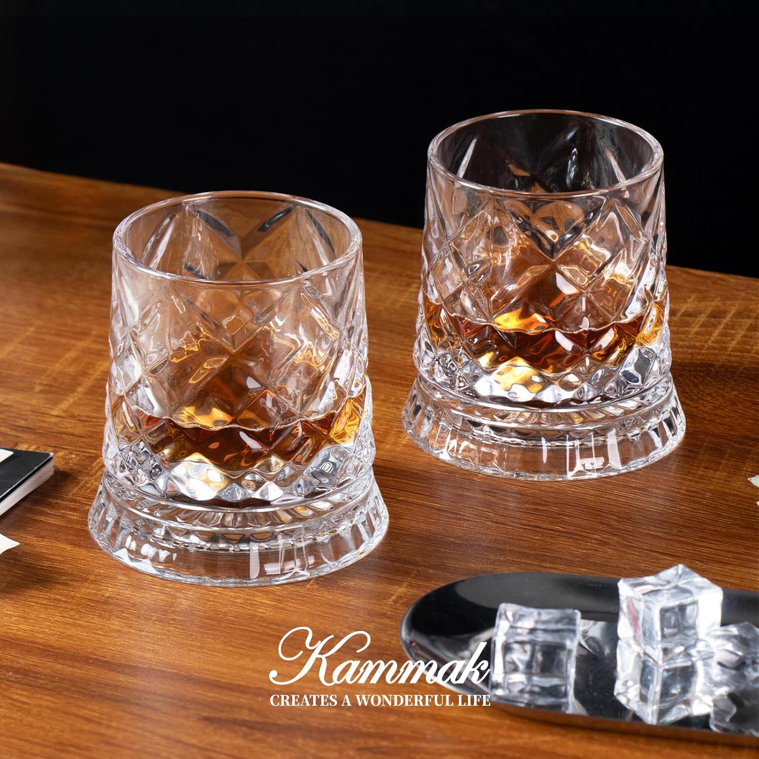 KAMMAK Crystal Whiskey Glasses Set of 2, 8.62 oz Rotatable Old Fashioned Glasses with Luxury Box, Spinning Wine Glass with Stress Relief, Gifts for Scotch, Bourbon, Liquor and Cocktail Drinks (J002)