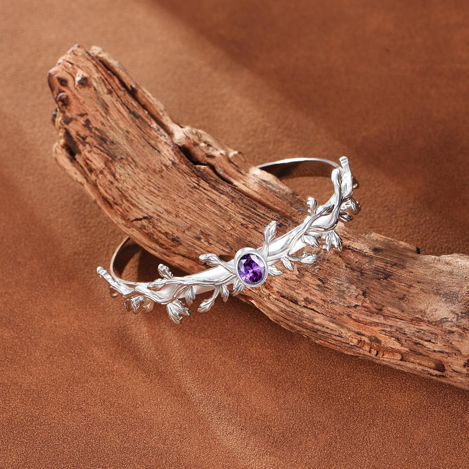 Genuine Amethyst Cuff Bracelet, 925 Sterling Silver Vine Leaf Open Bangle Purple Gemstone Vintage Boho Nature Jewelry February Birthstone Gift for Women