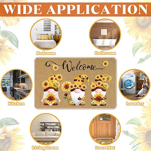 Miniatura 5 de Zhanmai Tapete de bienvenida con diseño de girasol, diseño de gnomo floral, tapete colorido para puerta de entrada interior, bonito felpudo
