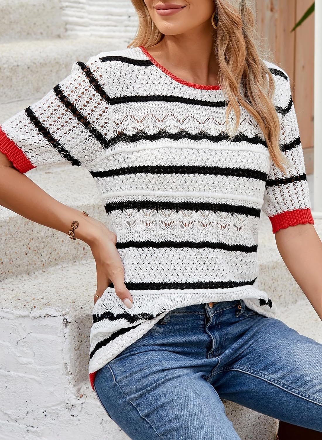 Dokotoo Women's Short Sleeve Sweater Crew Neck Crochet Knit Hollow Out Pullover Top - Image 4