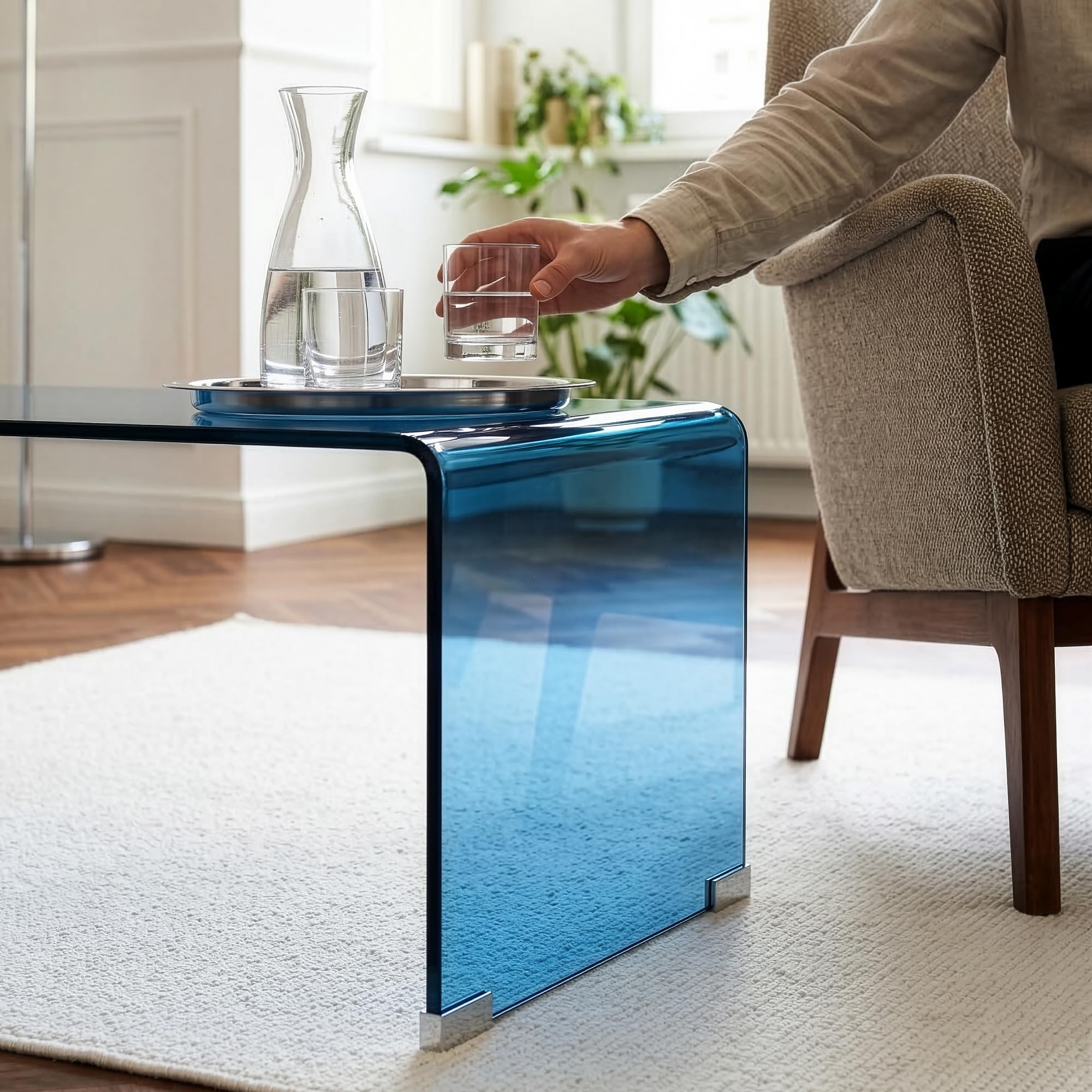 [en.casa] Tavolino da Caffè in Vetro Temperato Tavolo Basso Centrale da Salotto con Piano Rettangolare per Soggiorno Studio Living 90 x 45 x 35 cm - Blu