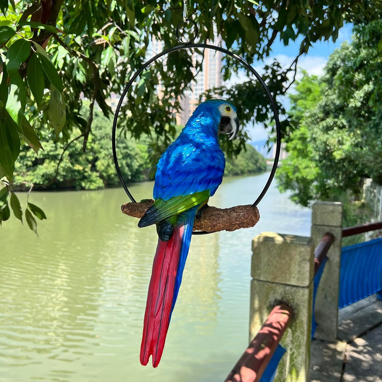 Tropical Macaw Hanging Ornament, 15 inches High Hand-Painted Resin Sculpture Home Decor Garden Patio Living Room Decor Gift (Blue and Red Wing)