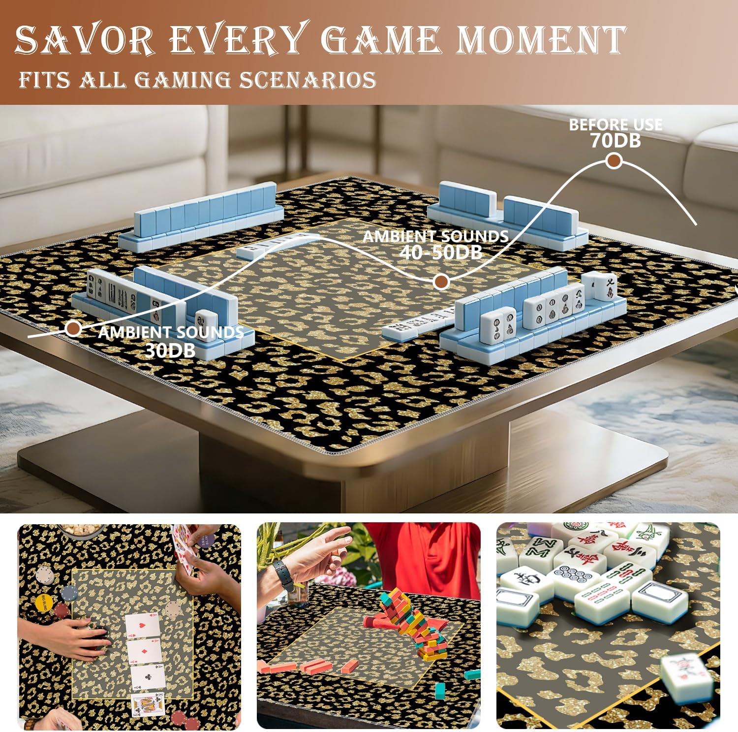 Black and Gold Glitter Leopard Print Mahjong Mat for Table 31.5x31.5 in, Luxury Y2K Cheetah Animal Print Mahjong Table Mat Cover Anti Slip Noise Reduction for Mah Jong Card Board Tile Games