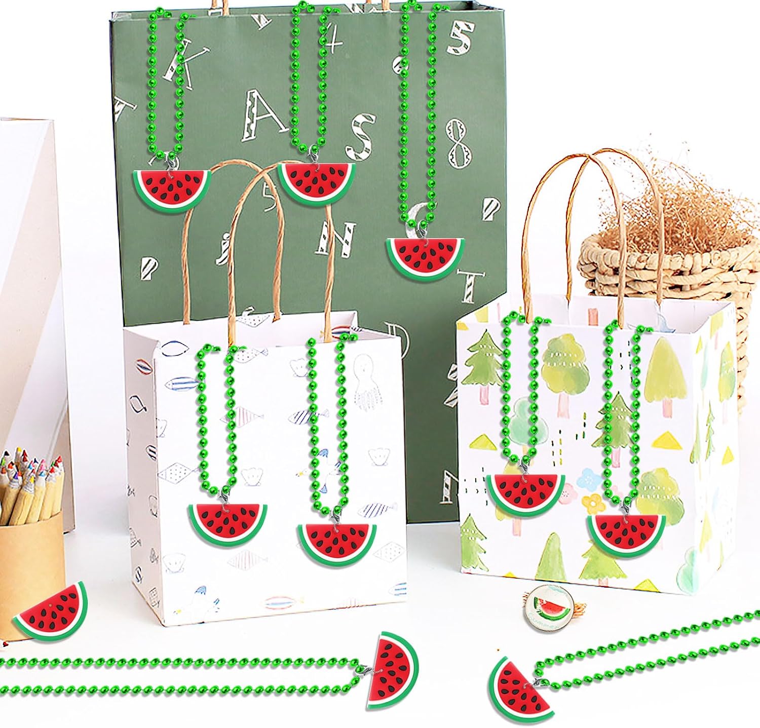 CiciBear 24 Pack Watermelon Necklace Party Favors with Mardi Gras Beads for Guests, Watermelon Themed Party, Baby Shower, School Party, Kids Birthday