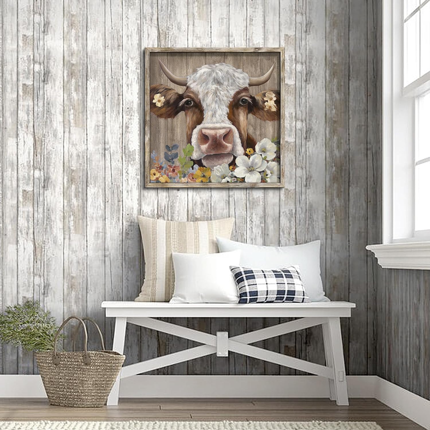 Cute Cattle Framed Wall Art Decor: Country Farmhouse Cow Wooden Painting Rustic Farm Animal Picture Modern Calf with flowers Artwork for Home Guestroom 24" x 24"