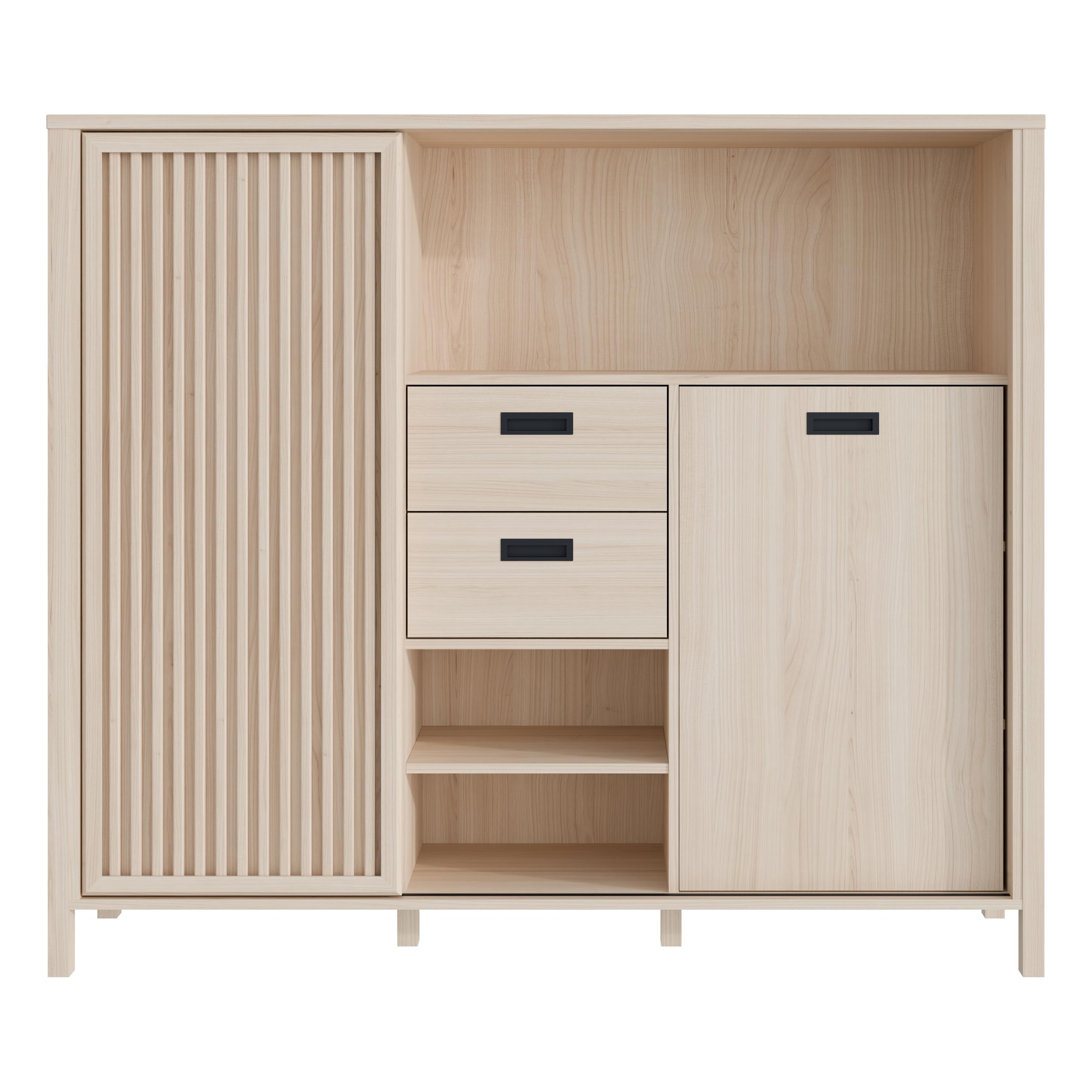 Forte JYTANA Schrank 150, skandinavischer Schrank mit 2 Schubladen und Schranktüren und 3 Regalfächern, Riva Eiche Holzdekor, 149,9 cm breit x 129,9 cm hoch x 40,2 cm tief