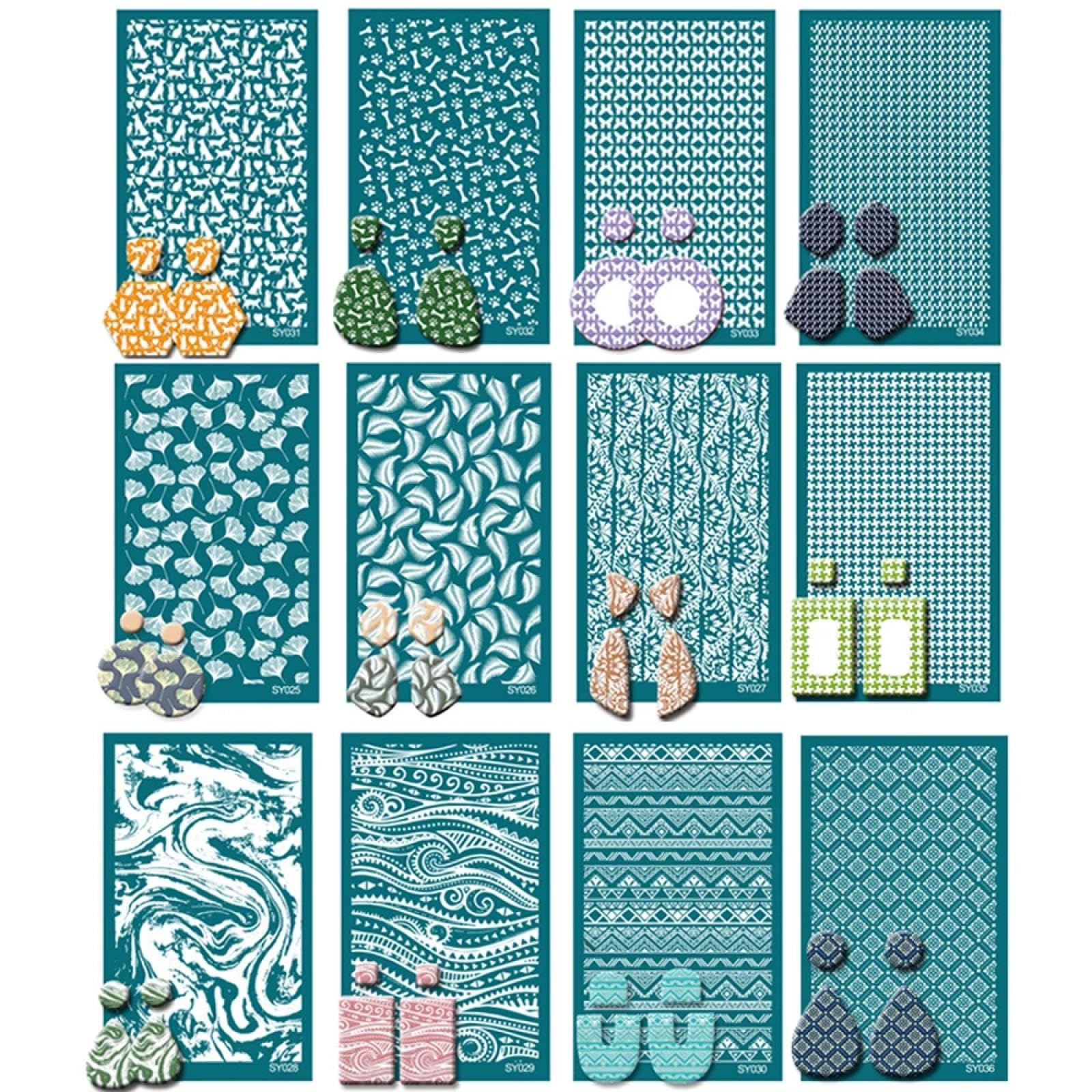 MANGOUSONG Screen Printing Kit,9x15cm Silkscreen Stencils for Polymer Clay Reusable Silk Screen Print Kit Mesh Transfer Crafts Earring Jewelry Style 1