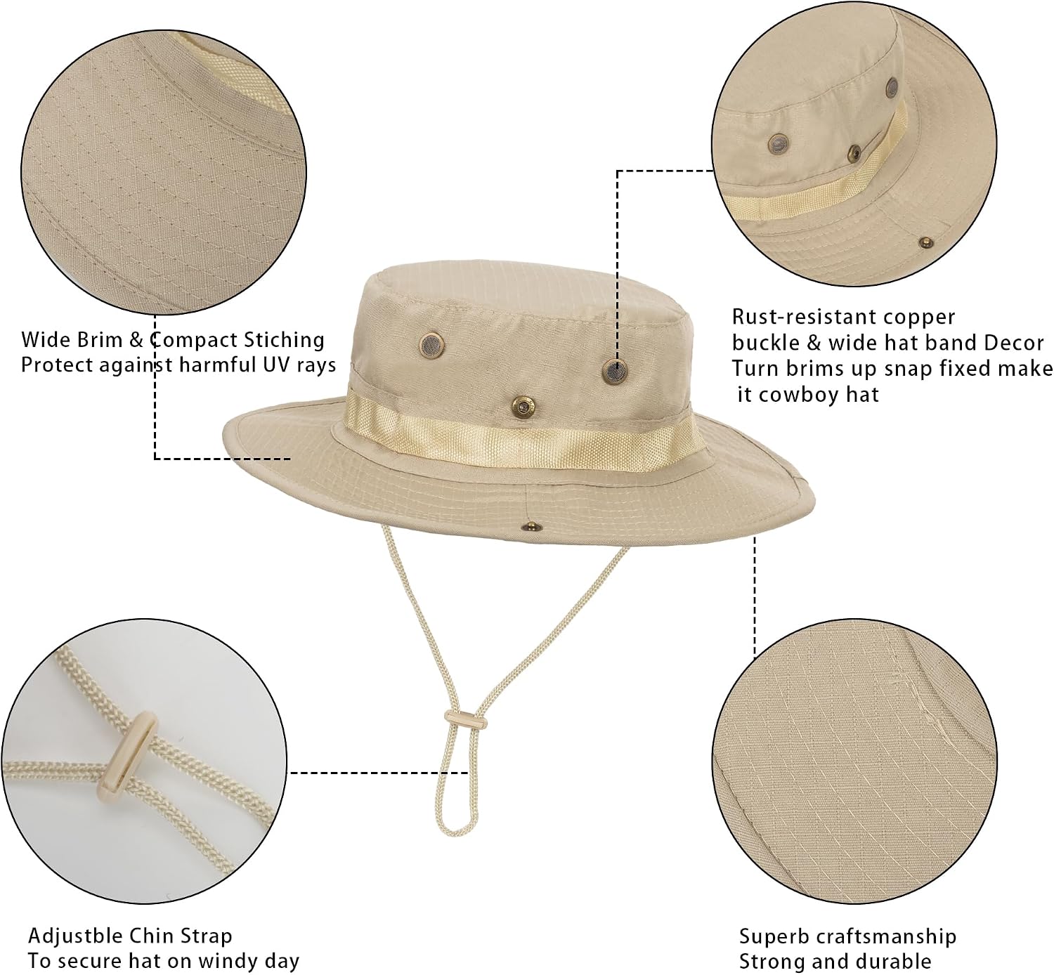 Wide Brim Sun Boonie Hat with Uv Protection for Women Men Safari Military Beach Costume Oufits