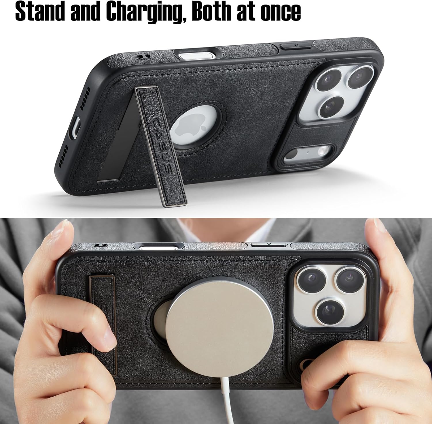 Casus Designed for iPhone 17 Pro Case Compatible with MagSafe Kickstand Vegan Leather Slim Classic Luxury Elegant Thin Protective Cover with Tempered Glass Screen (2025) 6.3" - Black - Image 4