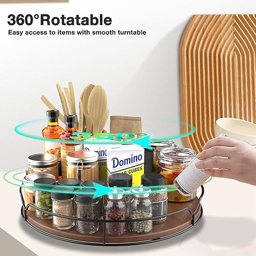 Miniatura 3 de Lazy Susan - Organizador de tocadiscos para gabinete despensa cocina encimera refrigerador armario madera de pino 12 pulgadas marrón
