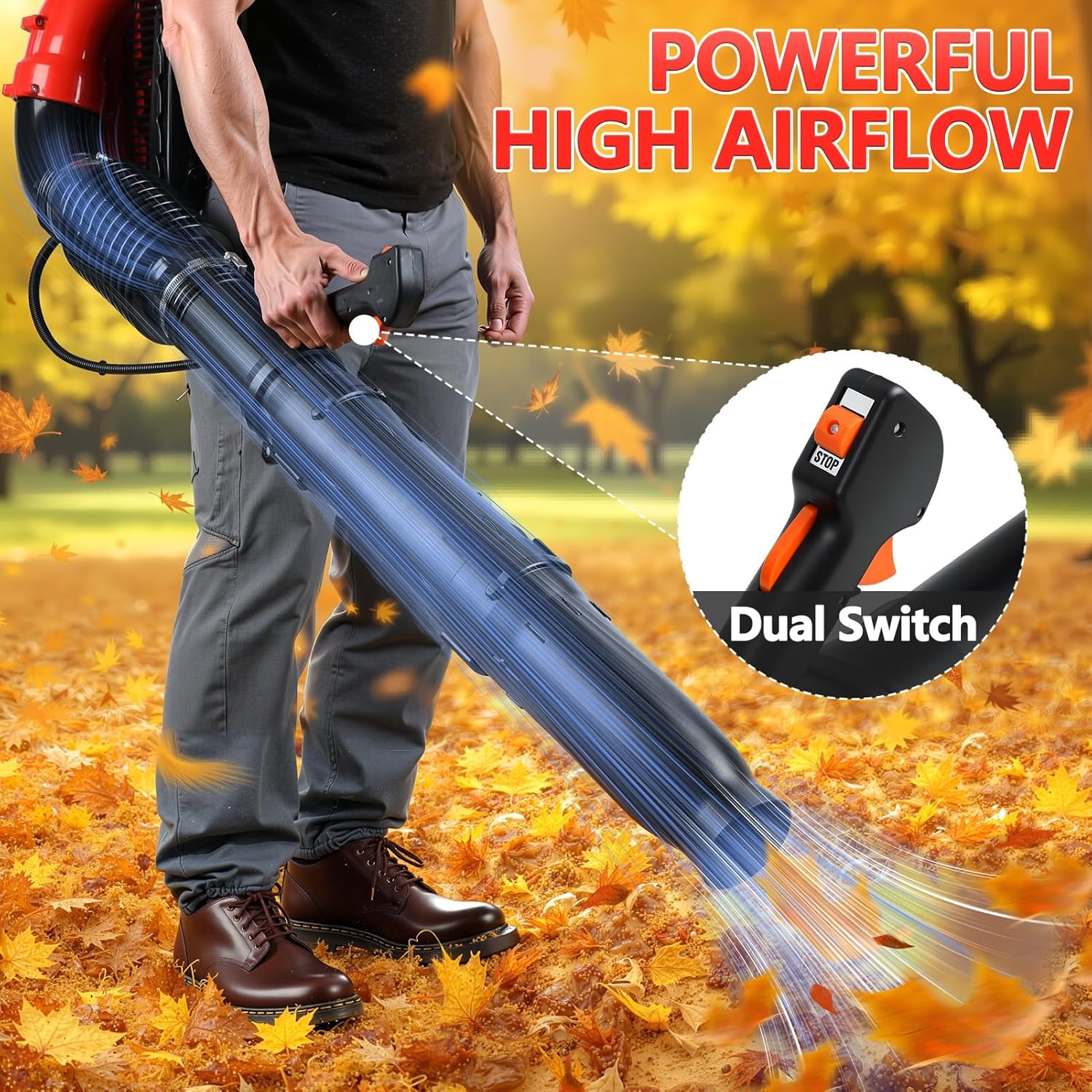 Backpack Leaf Blower, 80CC Gas Backpack Leaf Blower with 900CFM/230MPH 2-Stroke Engine for Commercial Lawn Care, Yard Debris & Snow Removal, Ergonomic Lightweight Design Red