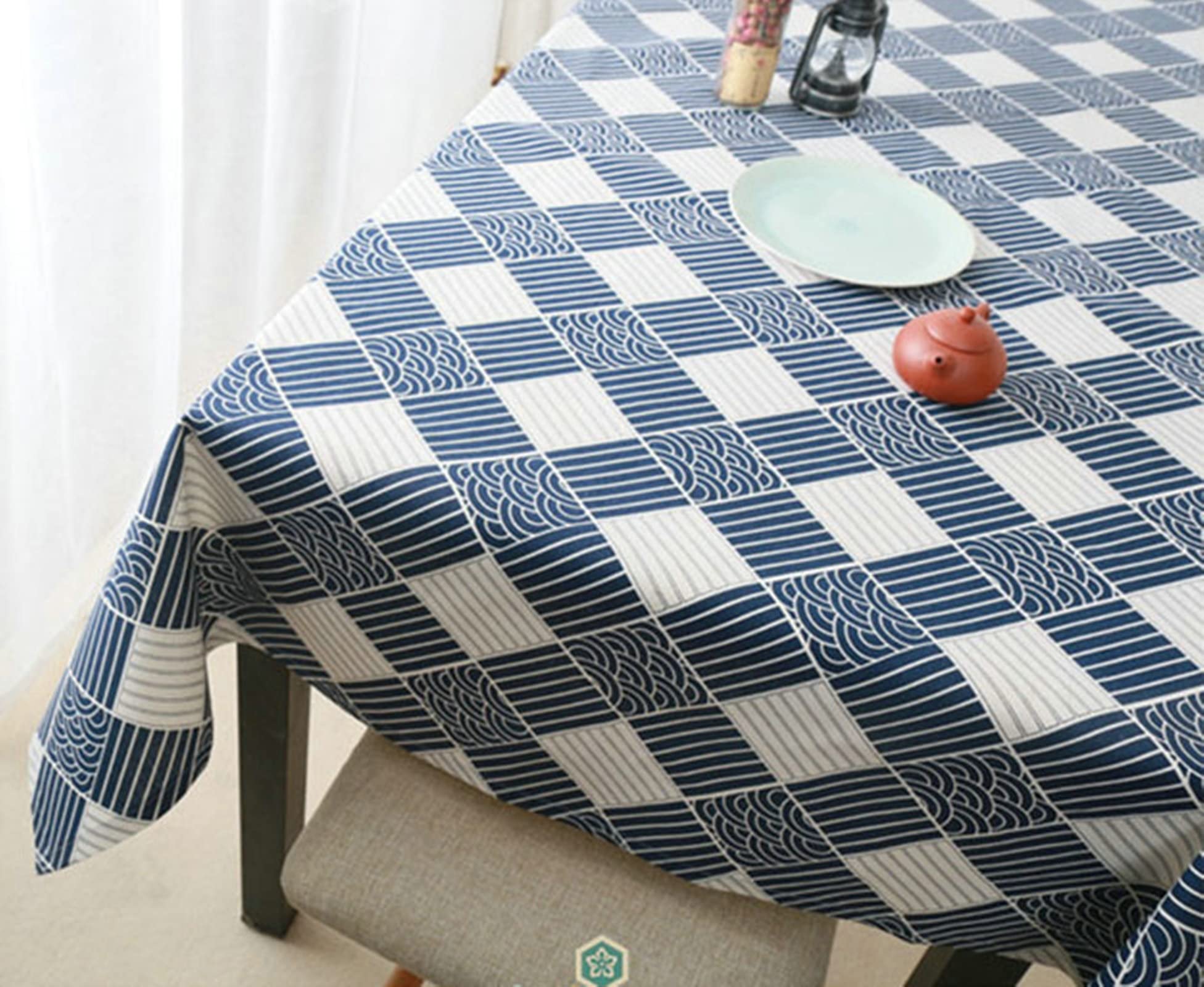 Aeici Tavolo da pranzo che copre le tovaglie rettangolari per la sala da pranzo in cotone reticolo, blu bianco 140X220cm