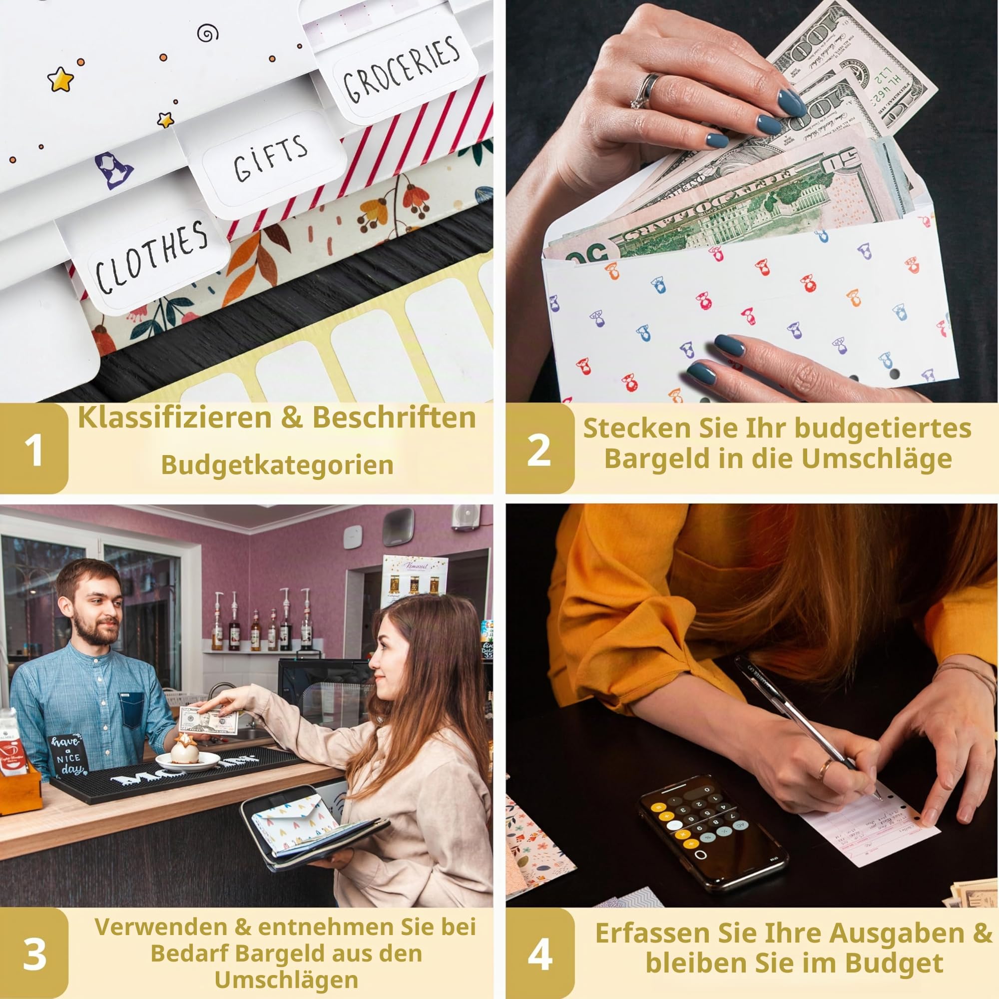 Budget-Geldbörse mit RFID-Schutz, 12 Registerkarten-Umschlägen, 12 Monatsbudgetkarten, 1 Jahresbudgetplaner, Beige