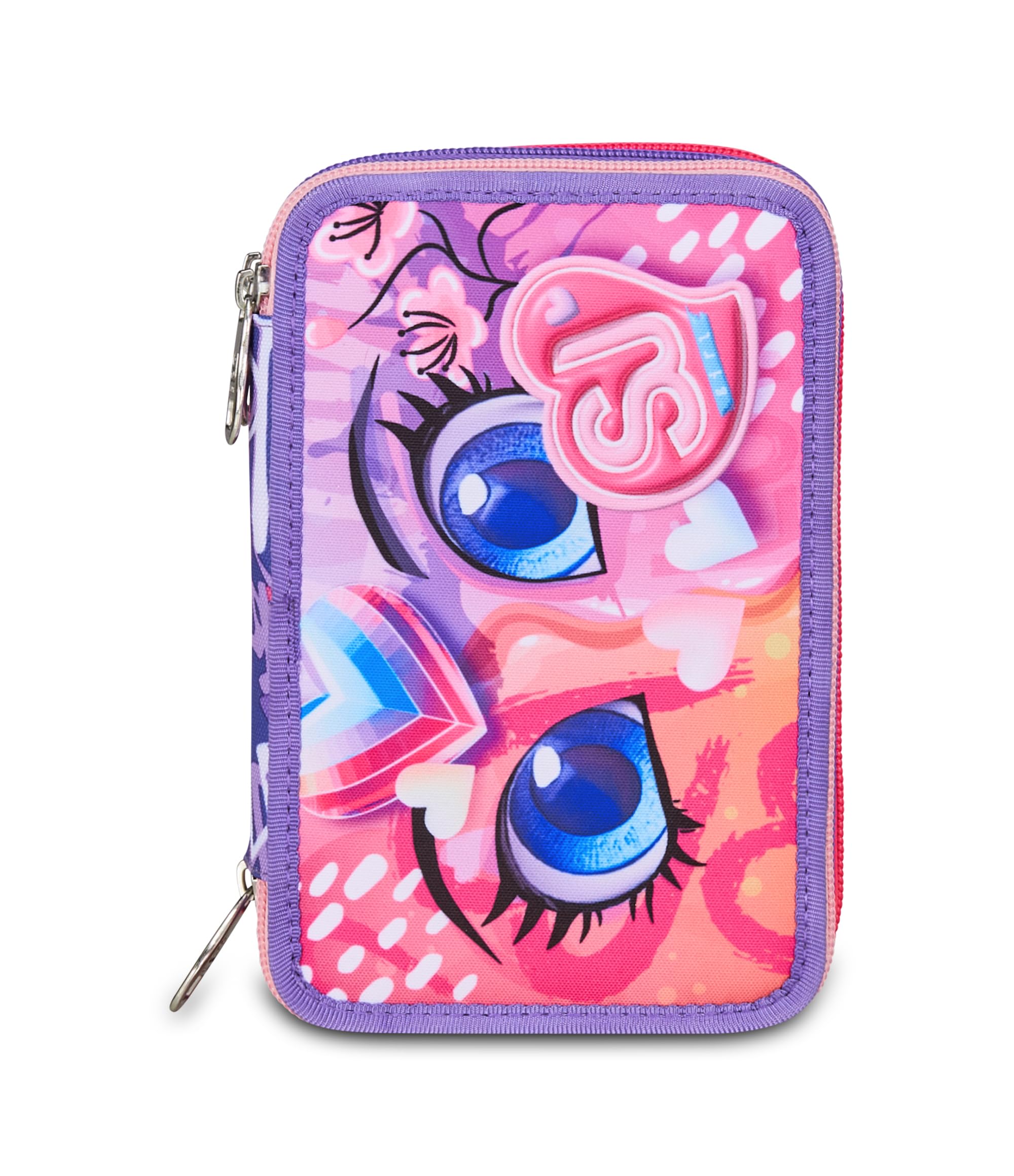 SJ GANG STYLE JAM GANG Astuccio Scuola 3 Zip, Rosa, Portapenne Triplo Scomparto Completo Di Penne, Matite, Colori, Accessori Zaino, Scuole Elementari, Bambina