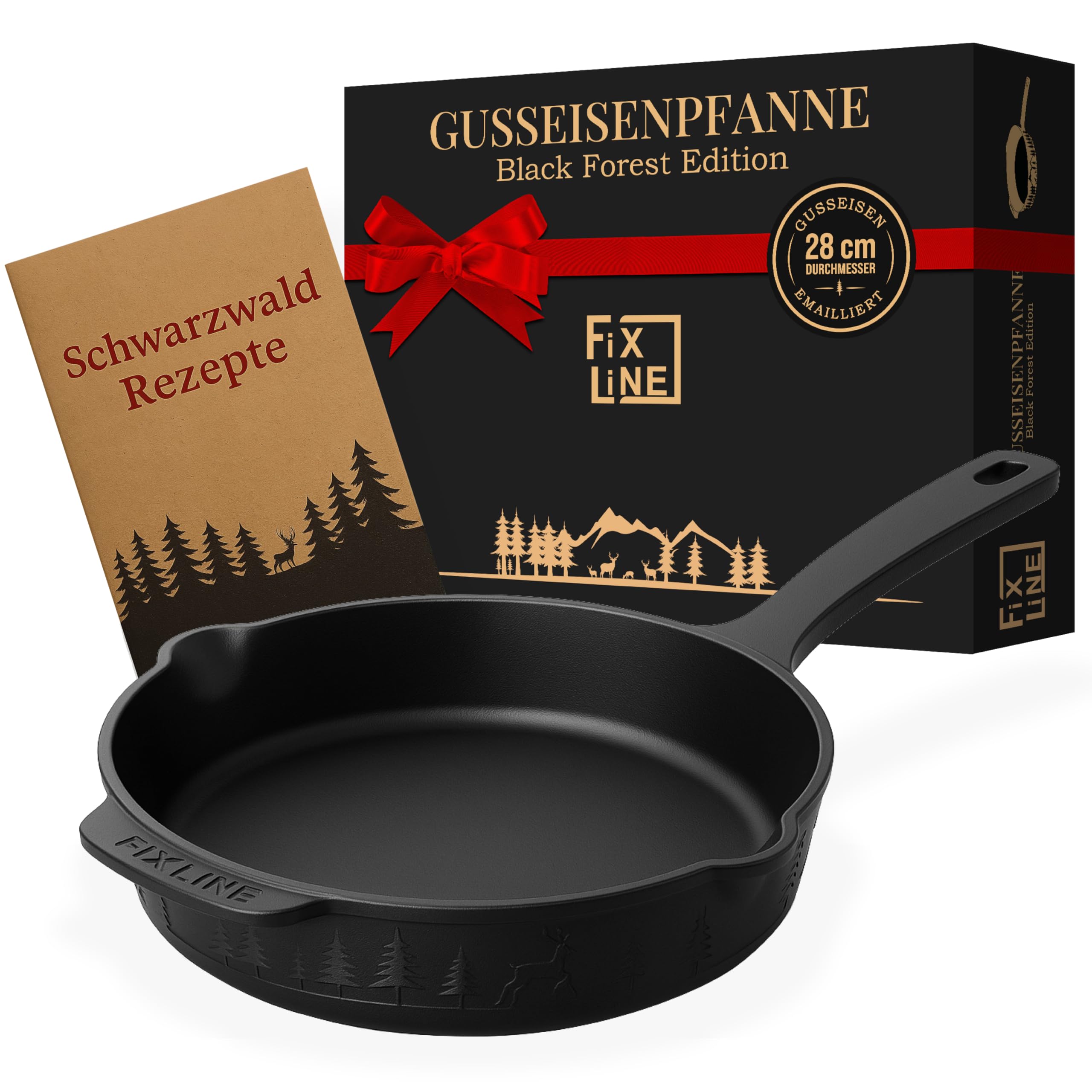 FIXLINE® Gusseisenpfanne in BLACK FOREST Edition 28cm - ORIGINAL - Induktion - Alle Herdarten inkl. Induktion - Emailliert - Kein Einbrennen nötig - Inklusive Rezeptbuch - Perfekte Geschenkidee