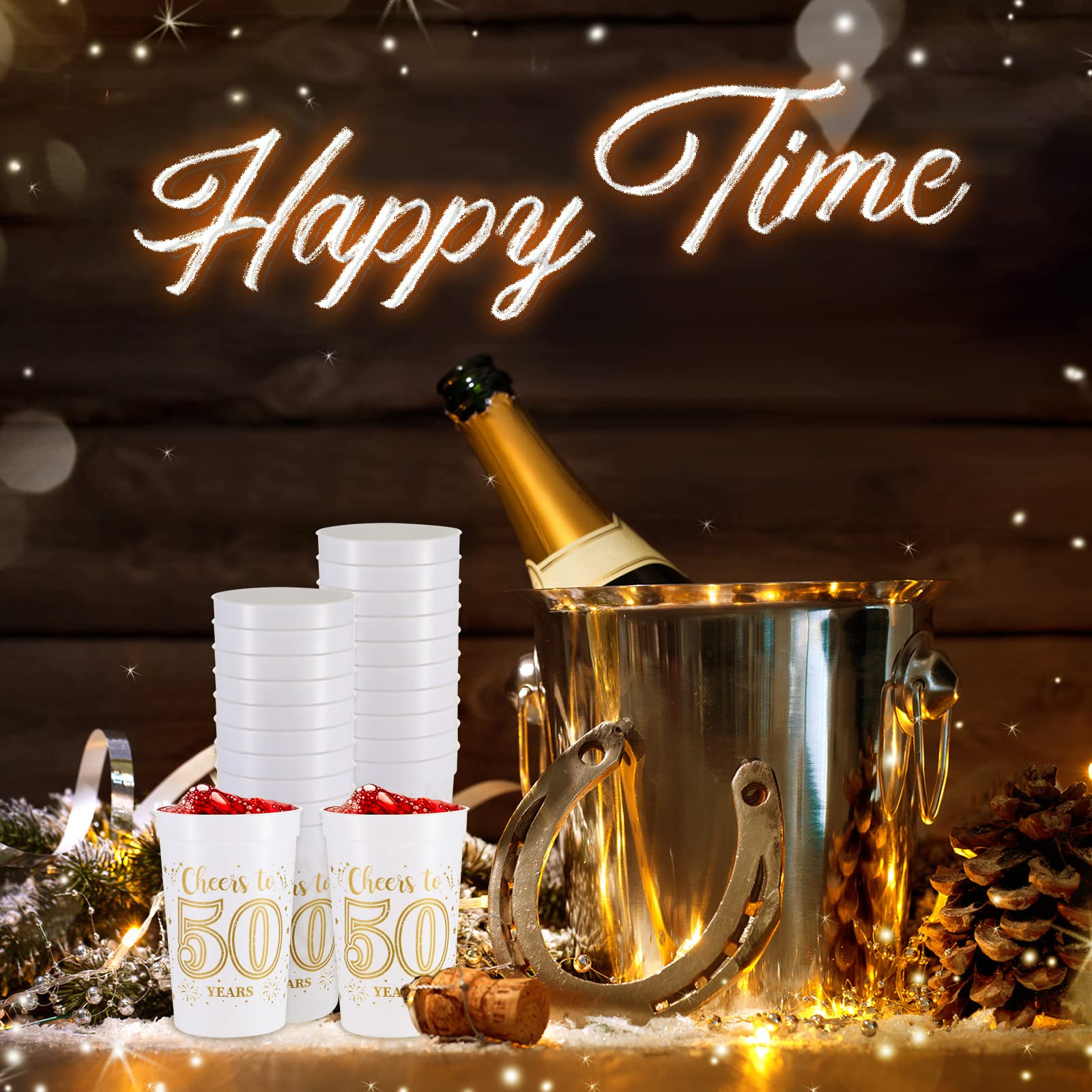 Lallisa 40 Stück 473 ml Becher zum 50. Geburtstag, Partybecher zum 50. Geburtstag, Partydekoration, Partydekoration für 50. Geburtstag, Partygeschenke für Prost bis 50 Jahre, Gold und Weiß, 40 Stück