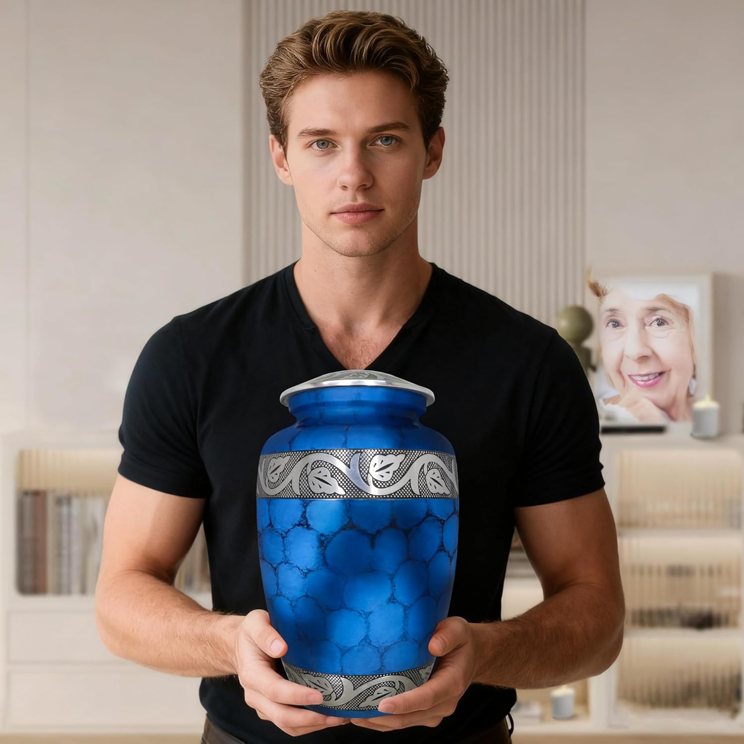 Burial Urns for Adult Human Ashes, Cremation Urns for Human Ashes, Funeral Metal Engraved Urn, Memorial Urn, Erns, Blue Texture - Large Size