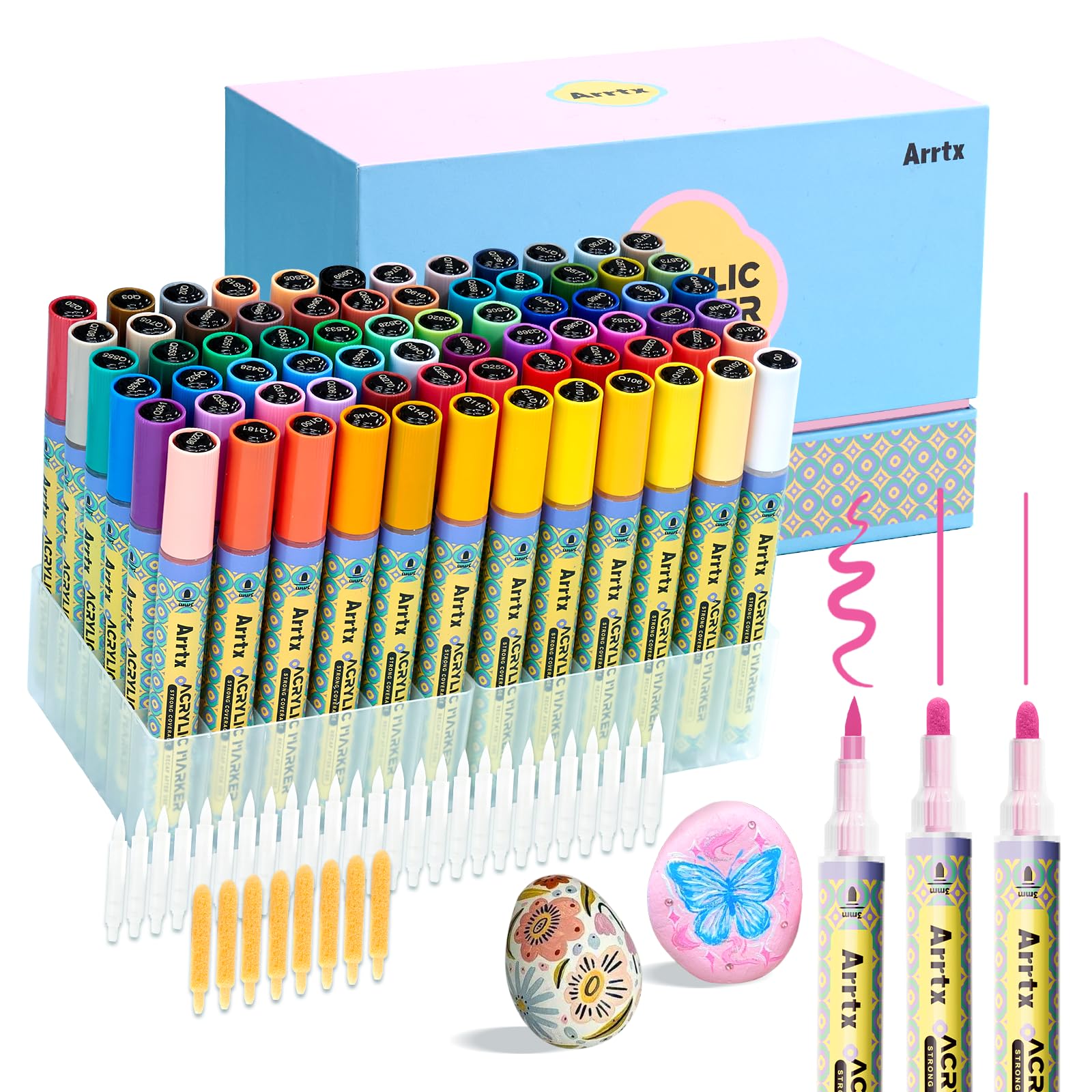 Arrtx Pennarelli acrilici a 72 colori, con punta media da 3 mm, atossici, a base d'acqua, ad asciugatura rapida, per artisti, pittura su roccia, legno, tela, artigianato fai da te