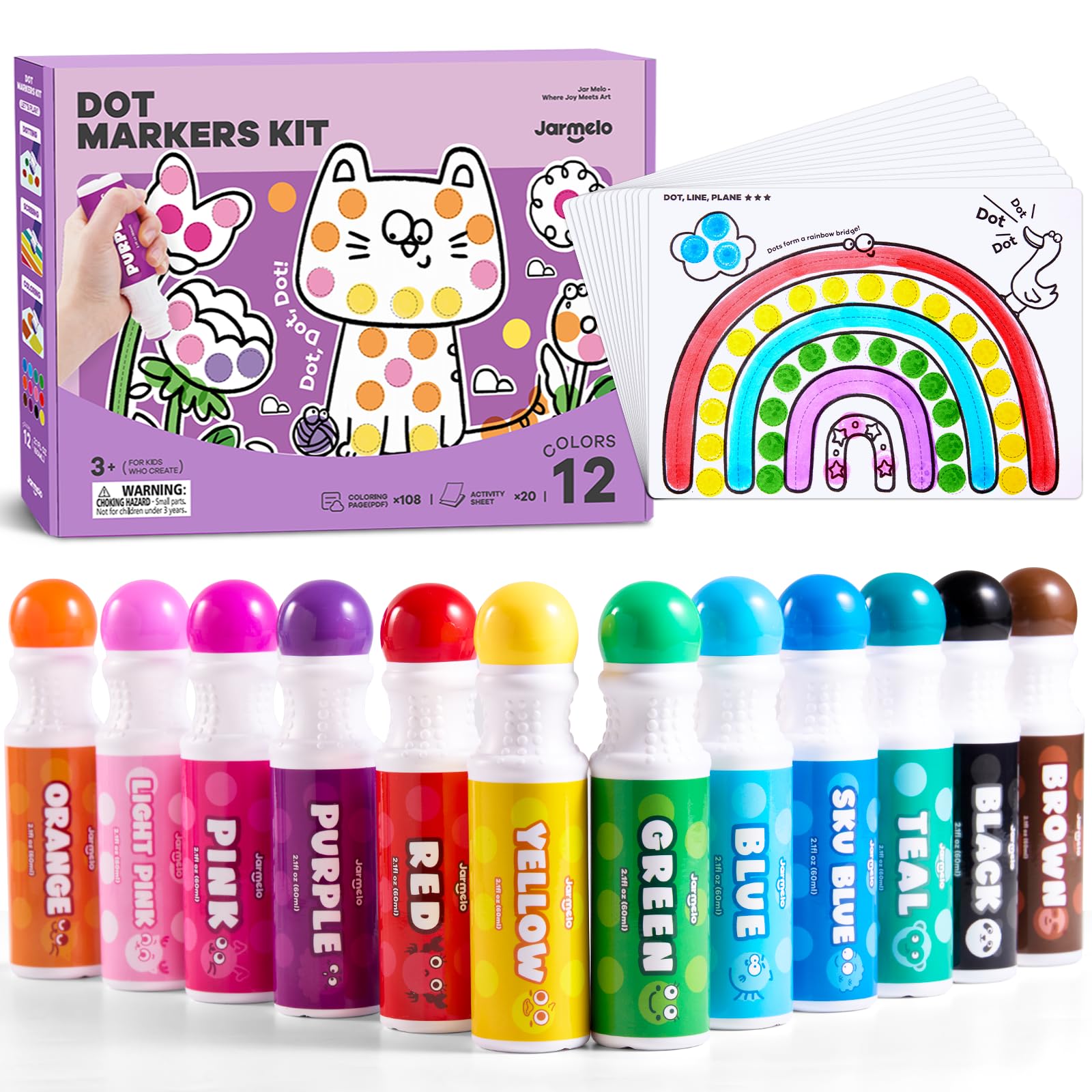Washable Dot Markers for Toddlers, 12 Colors Bingo Dabber Pens with 120 PDF & 20 Activity Papers, Arts and Crafts Supplies for Preschool, Kids Ages 2-4 Years Old