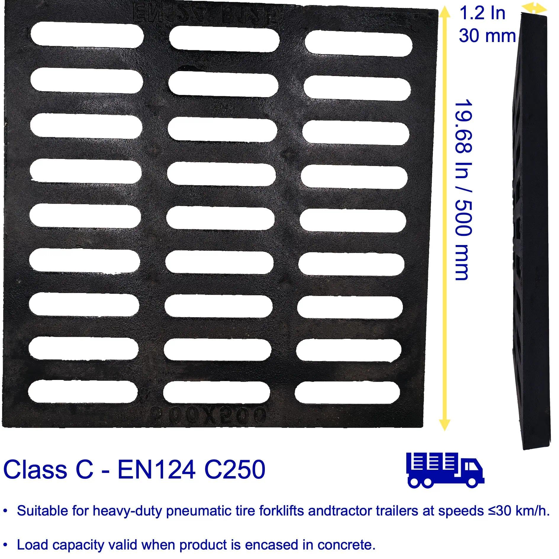 Grille de Drain Fonte Ductile 500x500 mm Classe C250 Noir