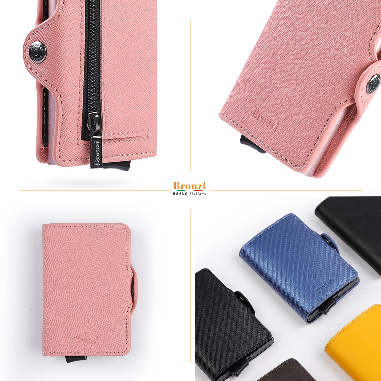 Bronzi Portafoglio Porta Carte Credito - Portafoglio Donna Slim Portacarte Donna - Mini Porta Tessere - Protezione RFID - Design Smart Saffiano Rosa