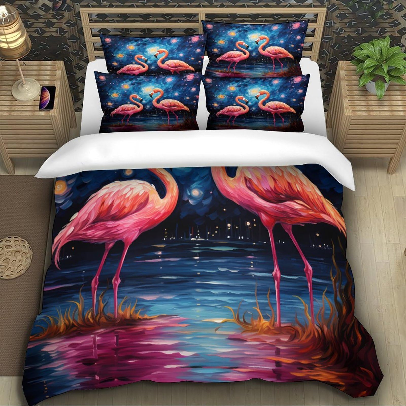 Flamingo-Pärchen 3D Bedruckt Bettbezug 3teilig Mikrofaser hautfreundlich Sternennacht Deckenbezug 2 Kissenbezüge pflegeleicht Paare Familie Super King（260x220cm）
