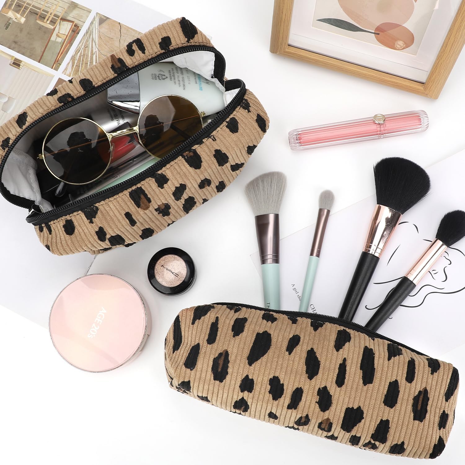 EIMMBD Makeup Bag 3 Pieces Large Capacity Cosmetic Bags Travel Toiletry Bag Organizer Cute Makeup Pouch Storage for Women(Brown Leopard) image 2