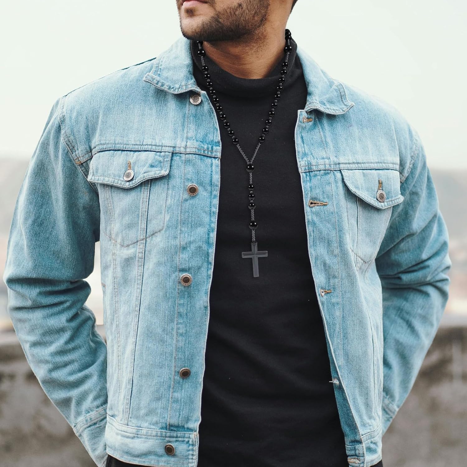 TUMBEELLUWA Hematite Cross Pendant Beaded Necklace for Men Women, Catholic Rosary Necklace for Faith Prayer Protection - Image 4