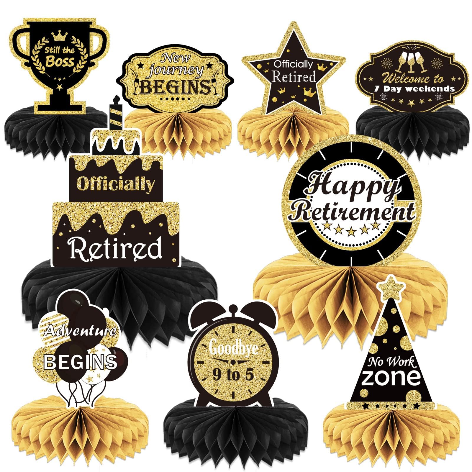 9PCS Retirement Party Decorations Gold Retirement Party Centerpiece Honeycomb Glitter Table Decorations Toppers for Happy Retirement Party Supplies