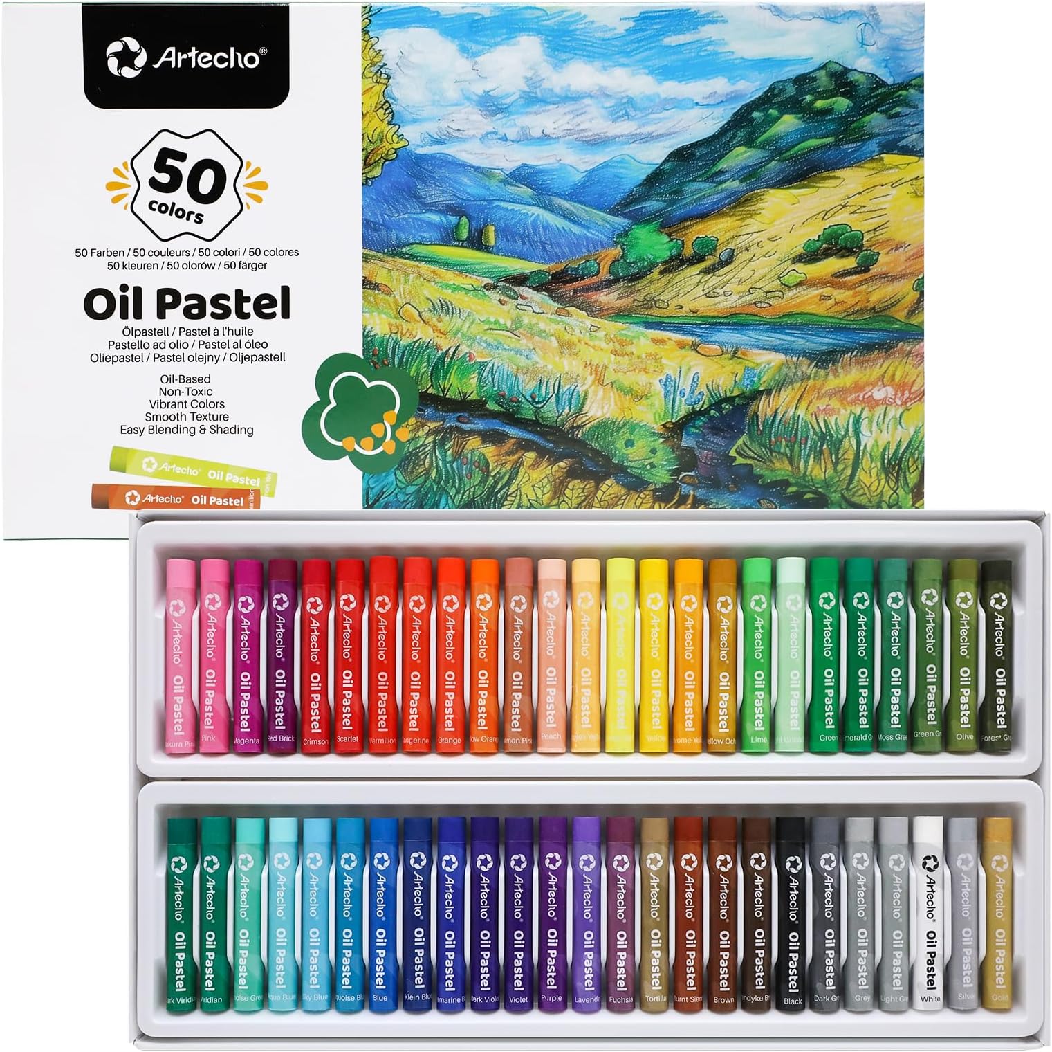 Artecho Oil Pastels Set of 50 Colors (8 x 60 mm), Soft Oil Pastels for Art Painting, Drawing, Blending, Oil Crayons Pastels Art Supplies for Artists, Beginners, Students, Teachers