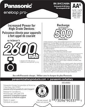 Eneloop Panasonic BK-3HCCA6BA pro AA High-Capacity Ni-MH Pre-Charged Rechargeable Batteries, 6-Battery Pack