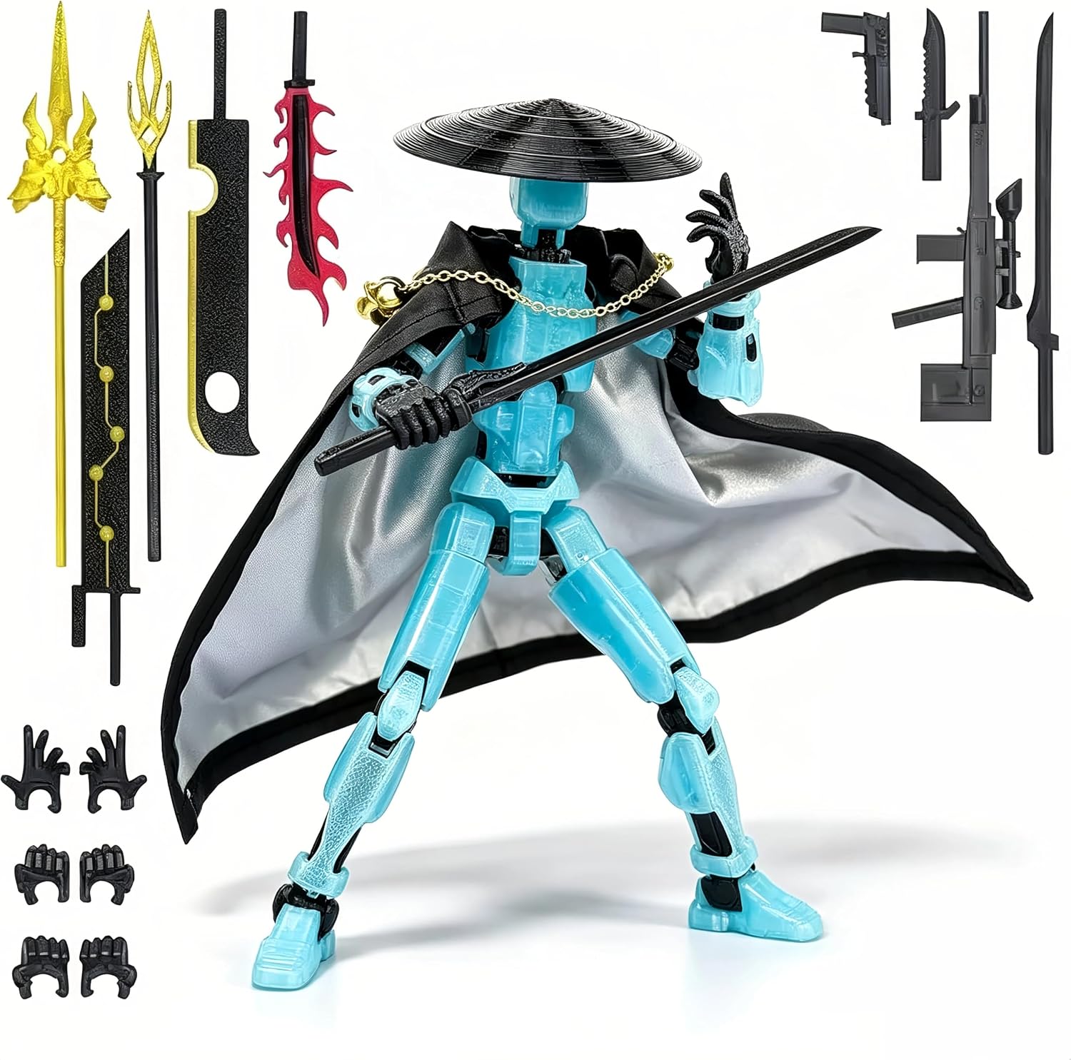 Titan13 Action Figure, Assembled Dummy Robot 13 Action Figure, 3D Printed Multi-Joint Movable Posable Robot Toy, Collectible Desktop Decoration with Hat, Cloak and 12 Types of Weapons (Blue)