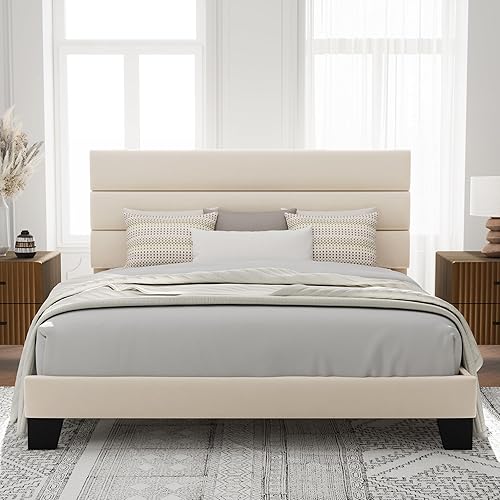 Miniatura 22 de Allewie Base de cama de plataforma de tamaño completo con cabecera tapizada de tela y soporte de listones de madera, base de colchón totalmente Azul