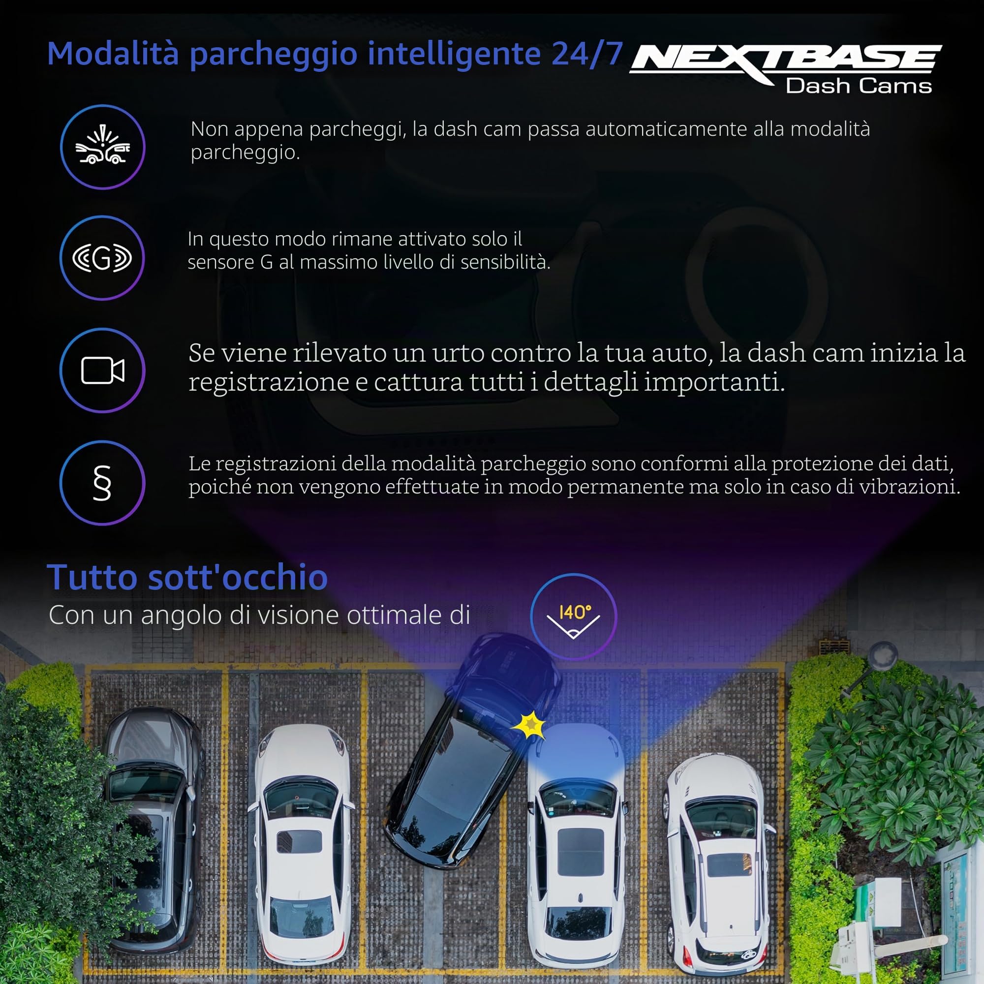 Nextbase® 322GW Dash cam Auto | Modalità di Parcheggio 24/7 | Dashcam Auto 1K 1080p 60fps | Schermo Tattile da 2,5" Telecamera | Camera con Angolo di Visione di 140° | MicroSD da 64 GB Inclusa