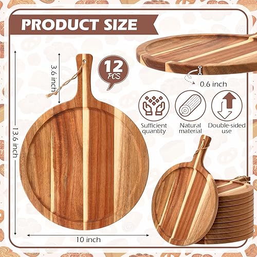 Miniatura 2 de Tanlade Tabla de cortar de madera, bandeja redonda de madera para servir con asa, tablas de cortar de acacia, remo de charcutería para pizza, pan,