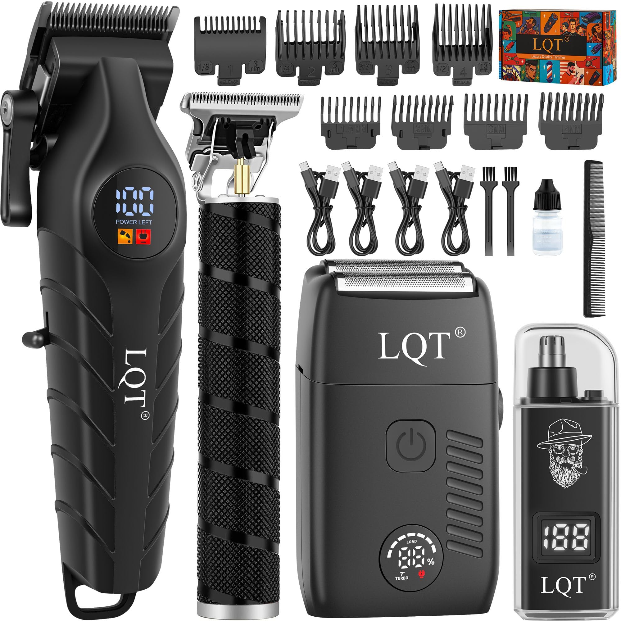 Professionelle kabellose Haarschneidemaschinen & Trimmer für Herren, 4-in-1 Elektrorasierer-Set mit LED-Display, wasserdichter Körperpfleger, Nasentrimmer & T-Klinge für Glatze, komplettes Barber