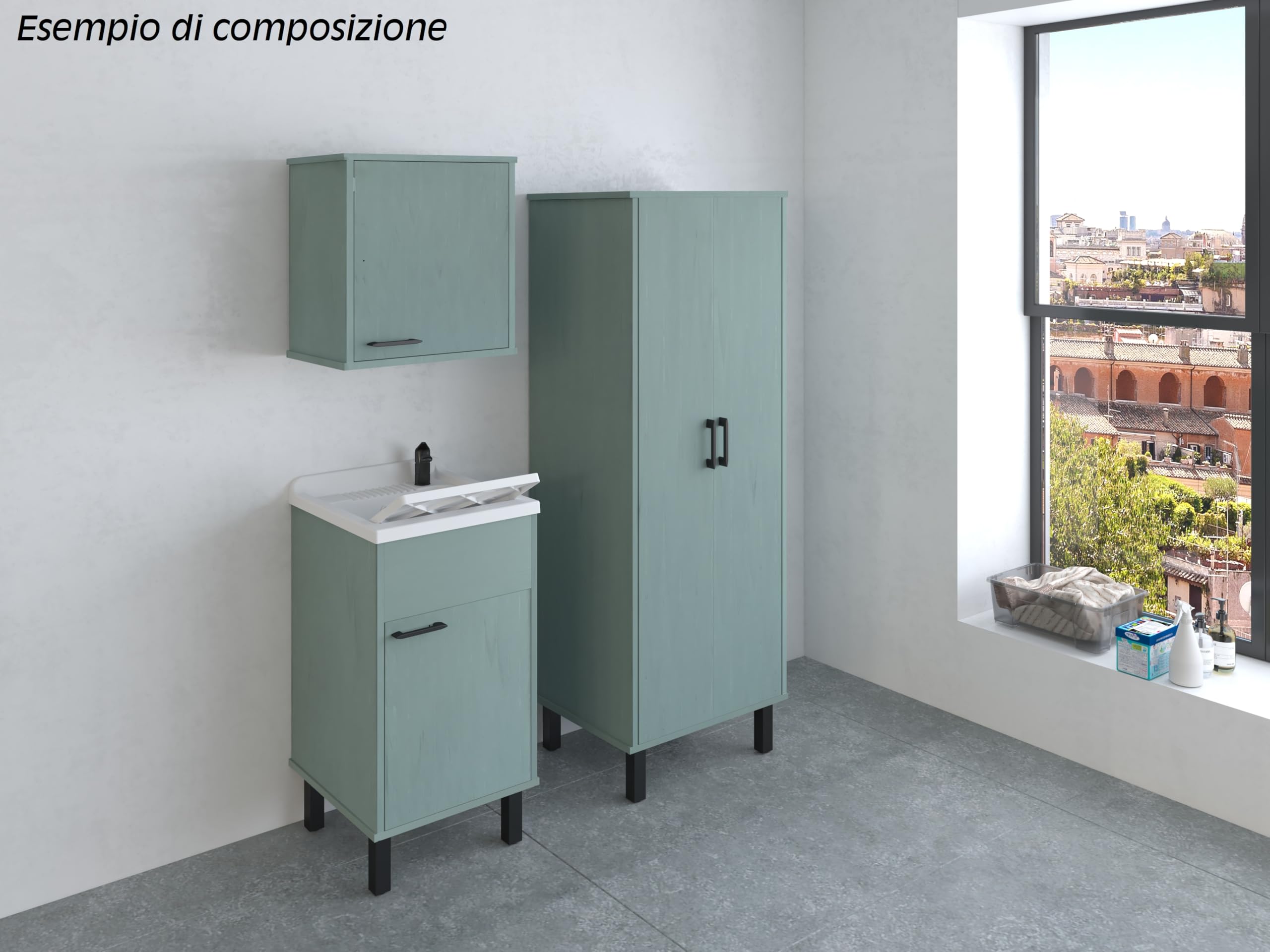 Negrari Mobile Lavatoio in PVC con vasca in PP, Resistente agli acidi di uso comune, Resistente all'umidità, Kit di scarico incluso, Interno e Esterno, L45 x P50 x H85 cm, Colore Verde Scuro