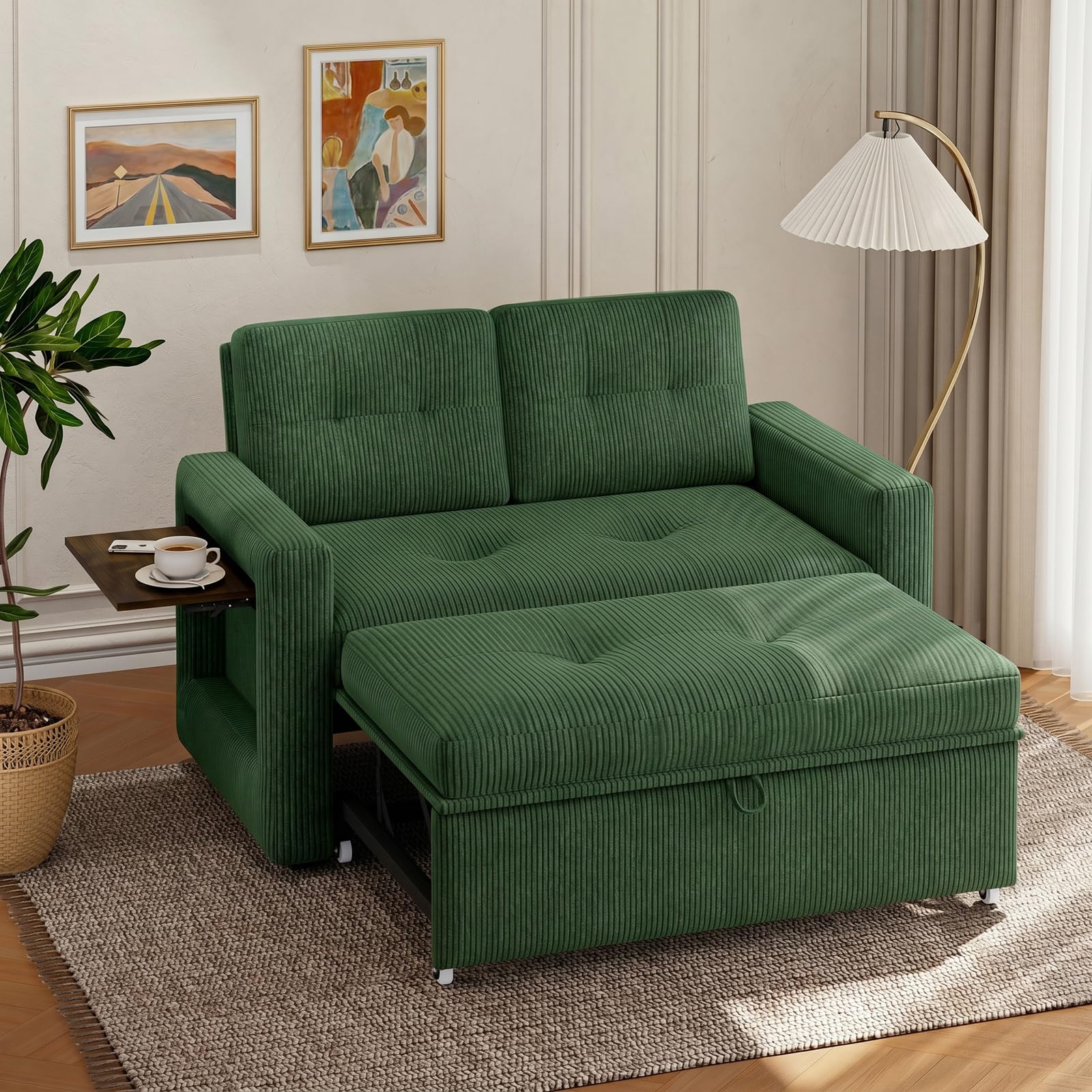 YOUDENOVA Sofa 3 w 1, fotel z funkcją łóżka i funkcją salonu, sofa relaksacyjna z 5 regulowanymi pozycjami oparcia, sofa 2-osobowa z łóżkiem, stołem i kieszeniami bocznymi, prążkowana zieleń