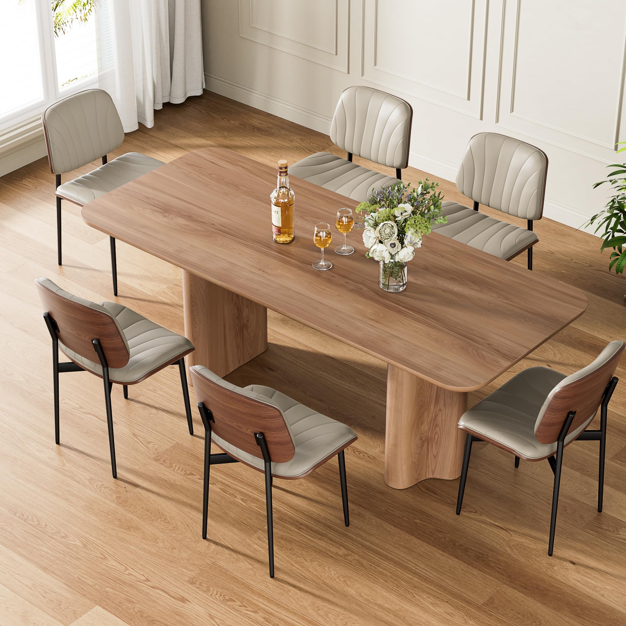 REONEY Dining Chairs Set of 6, Mid-Century Modern Upholstered PU Leather Chairs with Walnut Bentwood Back and Metal Legs Adjustable Feet for Kitchen