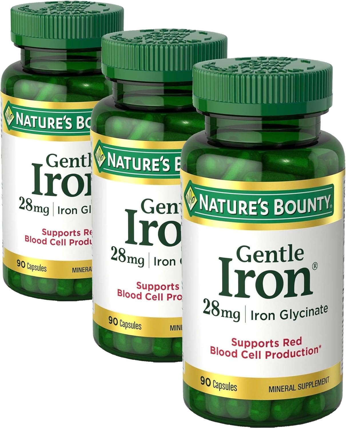 Nature’s Bounty Gentle Iron 28 mg Capsules with Vitamin C,Folic Acid,Vitamin B-12 Iron Supplement,Non-GMO,Gluten-Free,90 Count (Pack of 3)