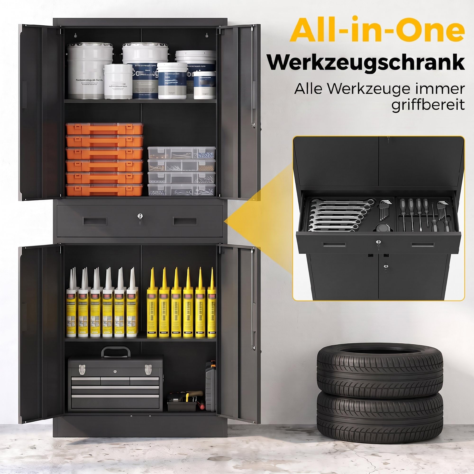 HOMCOM Armoire de Rangement métallique 180 cm avec Portes verrouillables, tiroir et étagères réglables, Noire