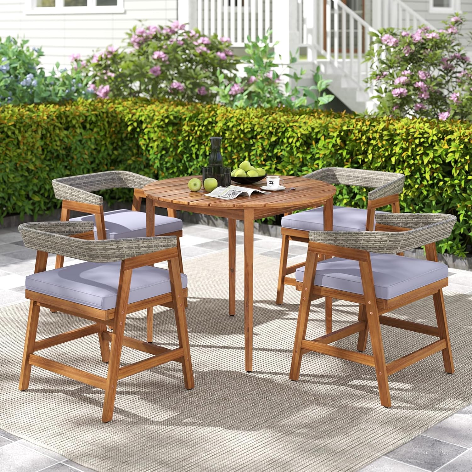 Tangkula 5 Piece Patio Dining Set for 4, Outdoor Solid Wood Round Table with Cushioned Chairs, for Deck, Lawn, Garden and Poolside