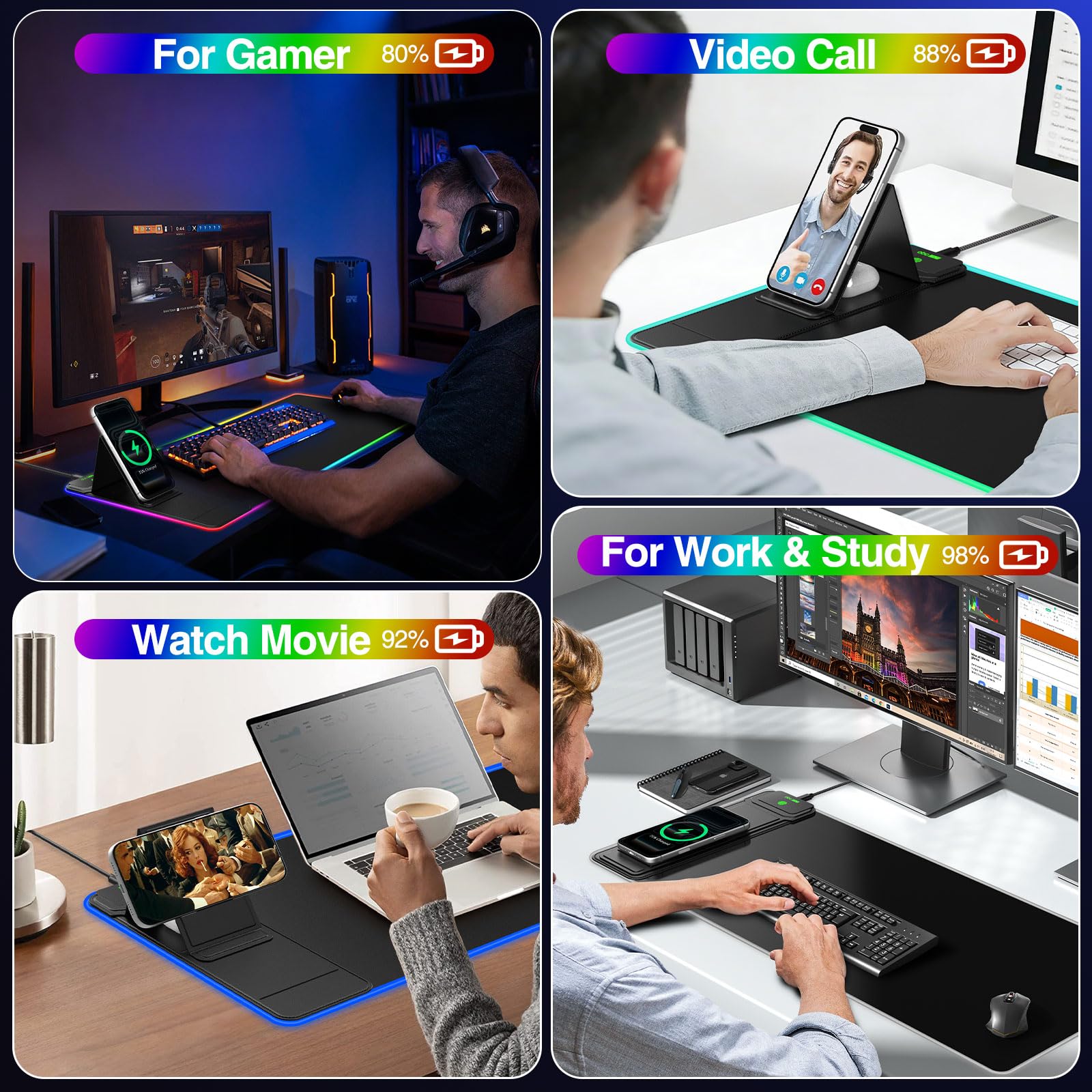 Tappetino per mouse da gioco XXL RGB LED con caricabatterie wireless magnetico e supporto pieghevole per telefono, 80 x 30 cm, tappetino da scrivania ultra liscio, 25 effetti di luce, base antiscivolo