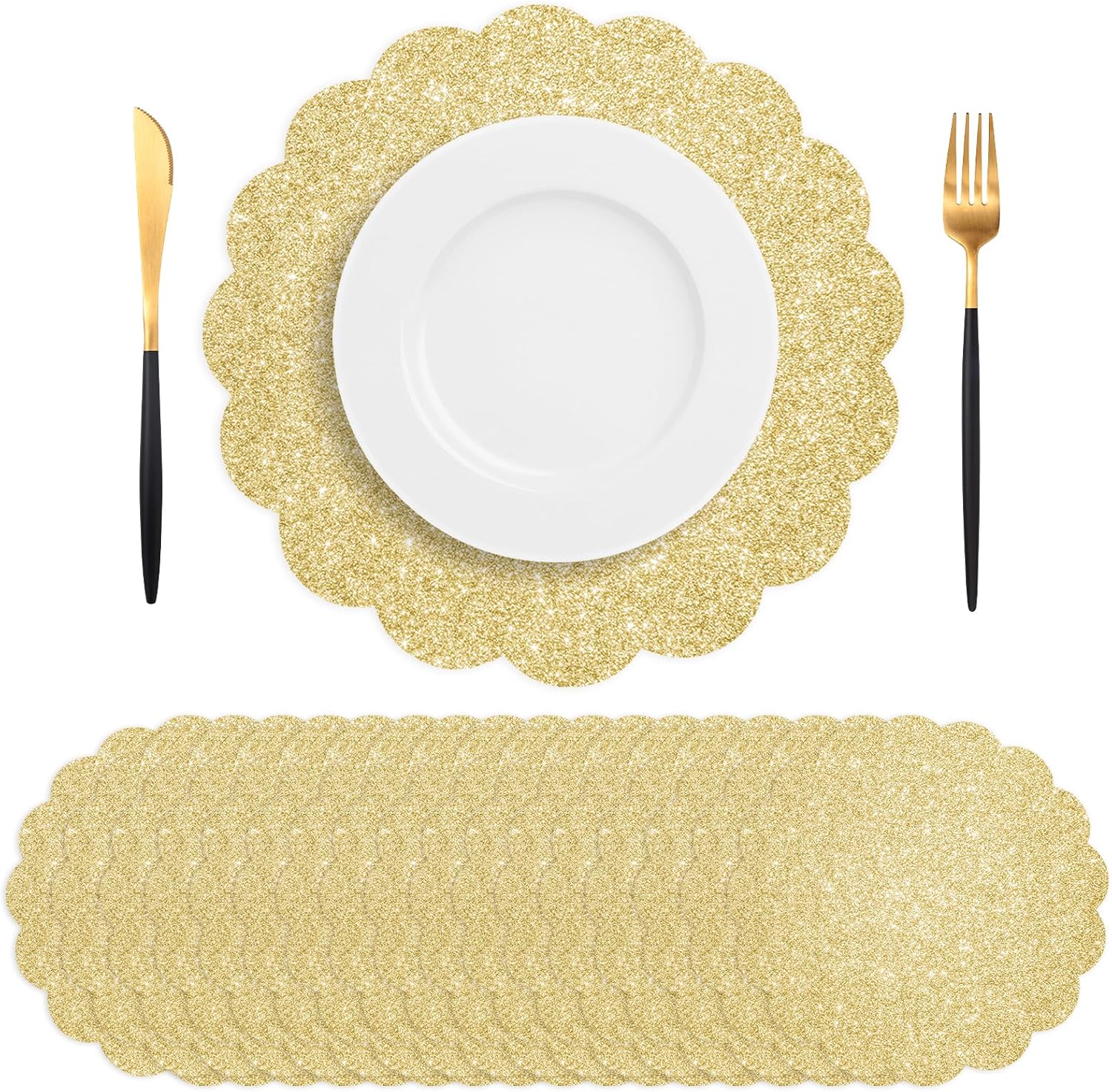 50 PCS Light Gold Placemats Disposable, Disposable Scalloped Placemat, 13.5" Shiny Golden Place Mats, for Birthday Summer Wedding Holiday Party Home Dining Tableware